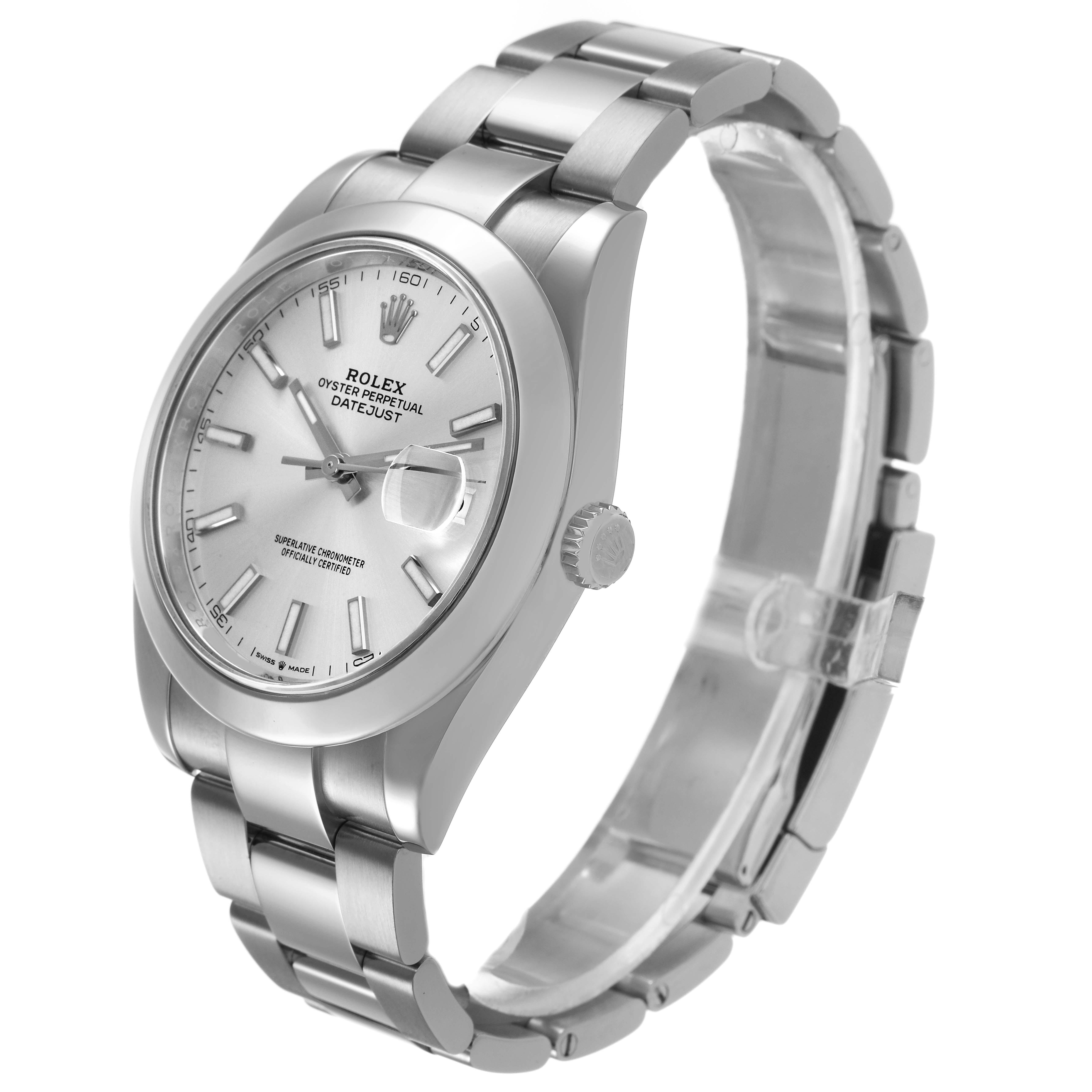The Rolex Datejust 41 126300 Men's Stainless Steel Silver Dial is shown at a slight side angle, highlighting the dial, bezel, crown, and part of the bracelet.