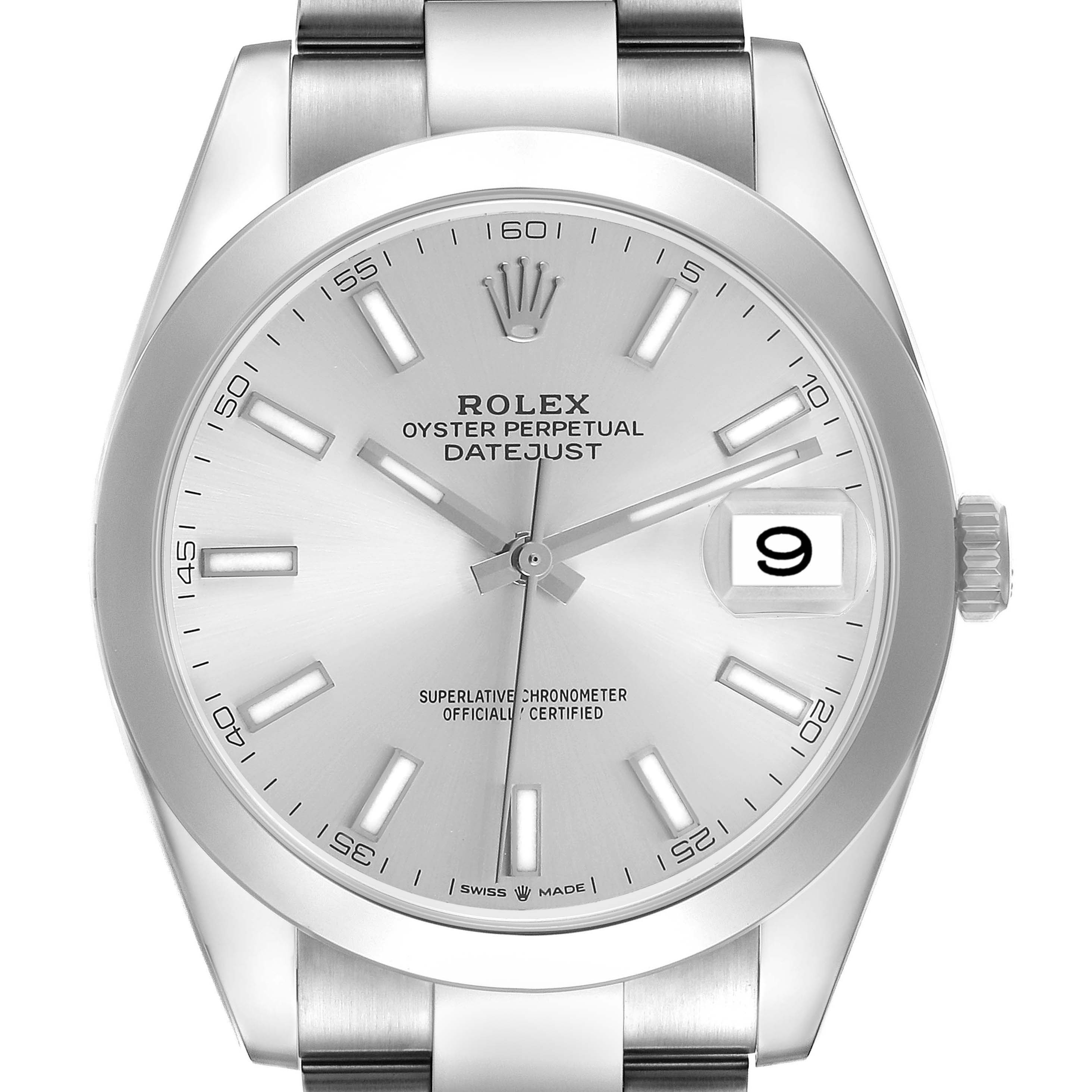The Rolex Datejust 41 126300 Men's Stainless Steel Silver Dial is shown from a frontal angle, displaying the dial, bezel, bracelet, and crown.
