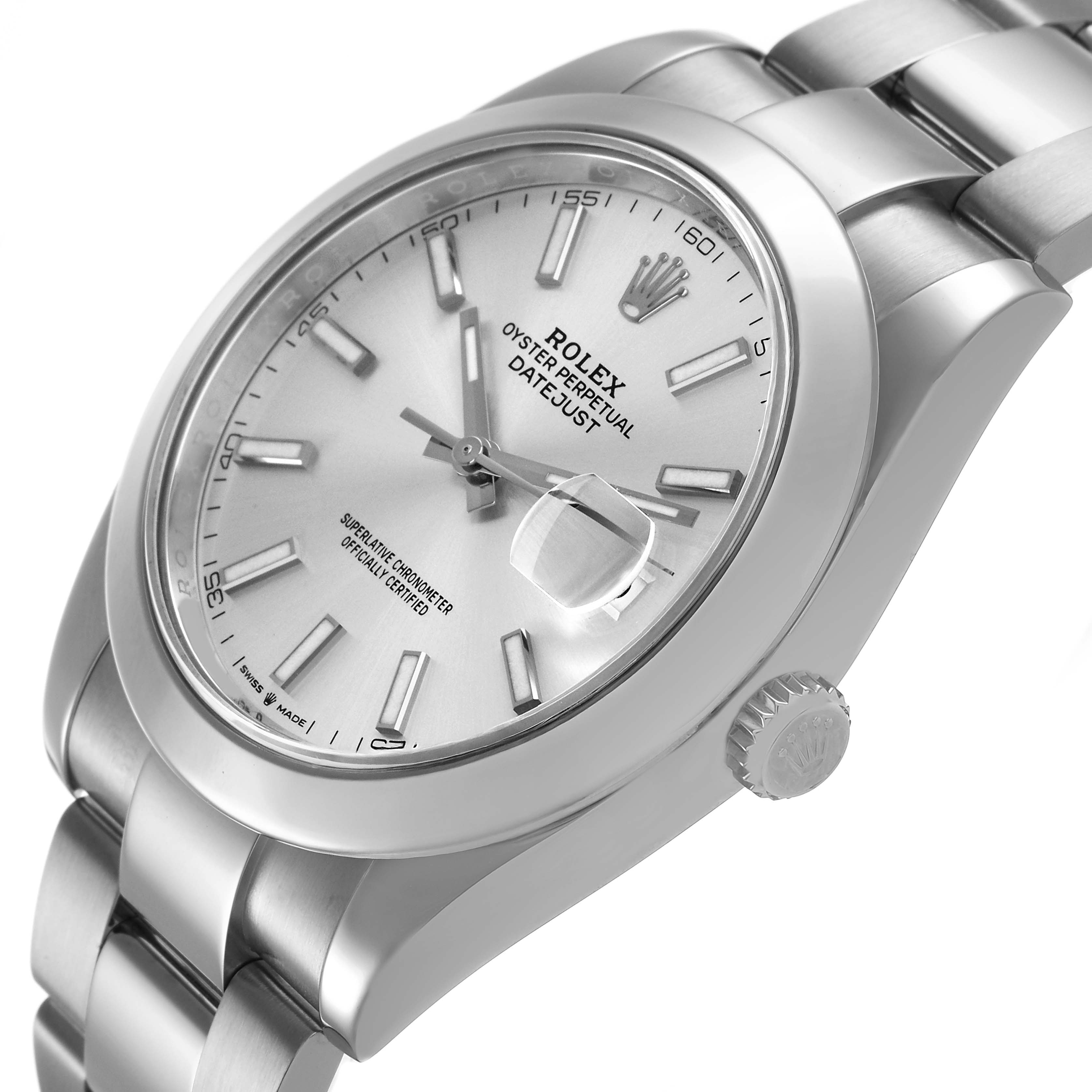 The Rolex Datejust 41 126300 Men's Stainless Steel Silver Dial is shown at an angled side view, highlighting the dial, bezel, and bracelet.