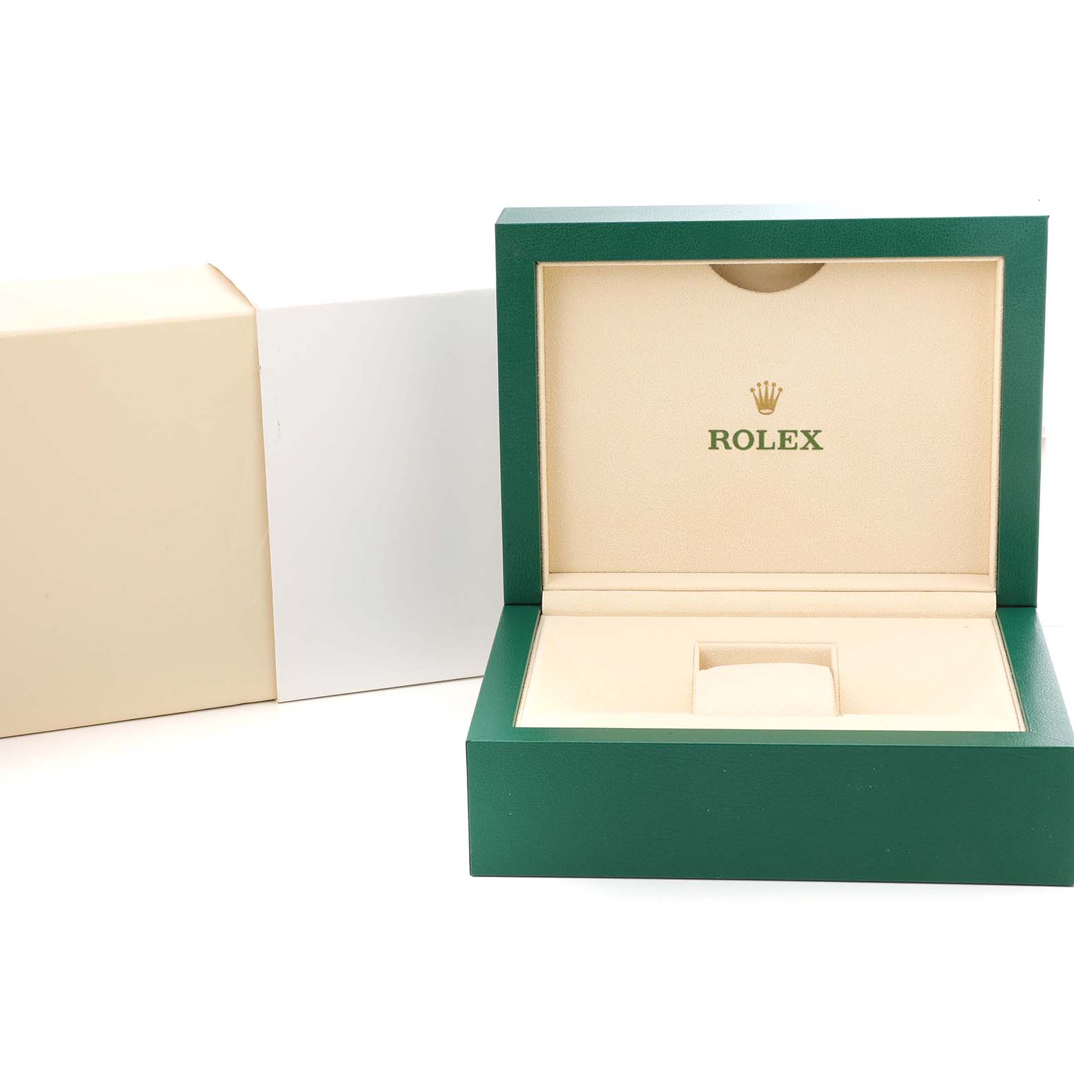 The image shows an open Rolex Datejust 41 126300 Men's Stainless Steel Silver Dial watch box, displaying the interior lined with cream fabric and featuring the Rolex logo.
