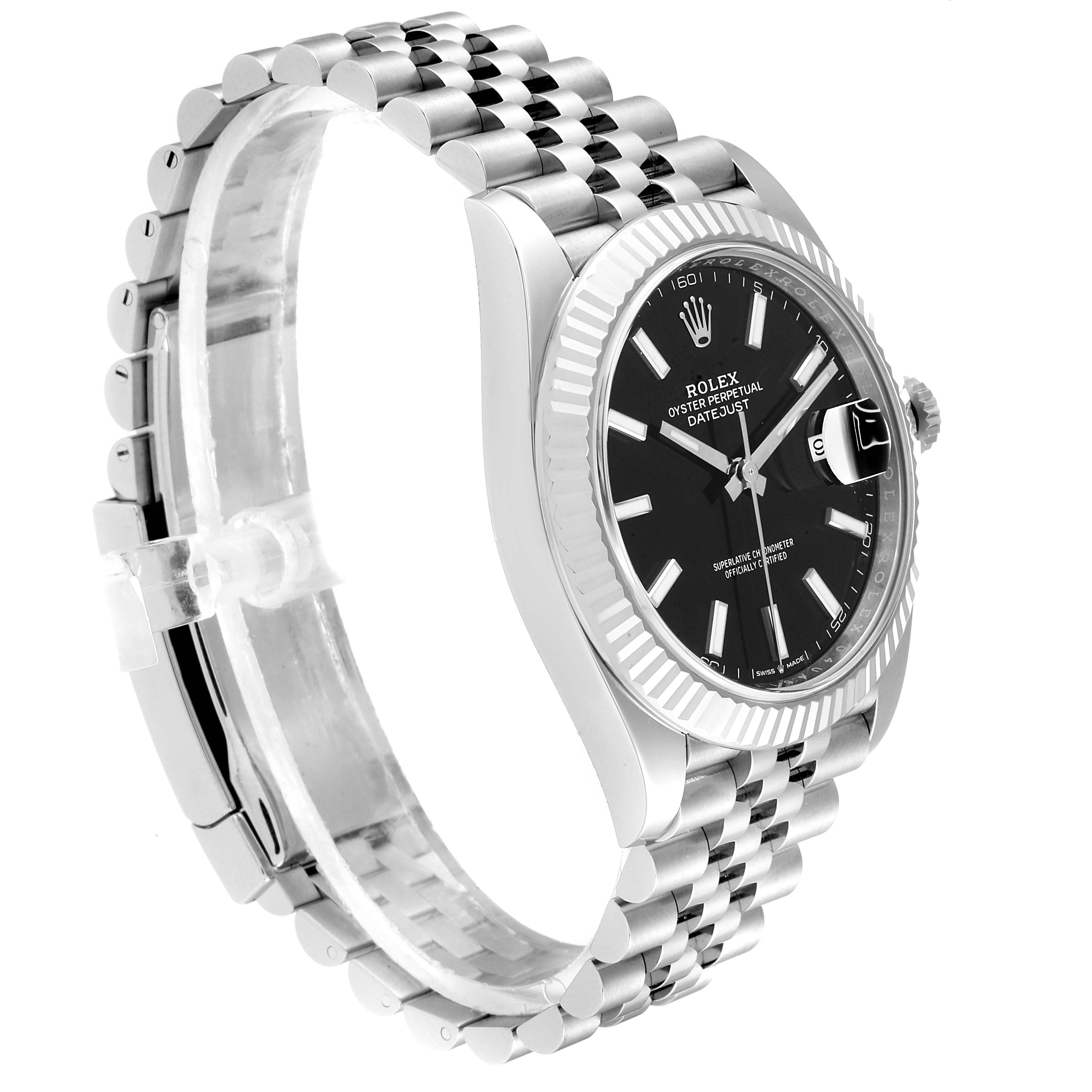 The image shows a side angle view of the Rolex Datejust 126334 Men
s Stainless Steel Black Dial 126334 Men
s Stainless Steel Black Dial watch, featuring its case, bezel, dial, and bracelet.