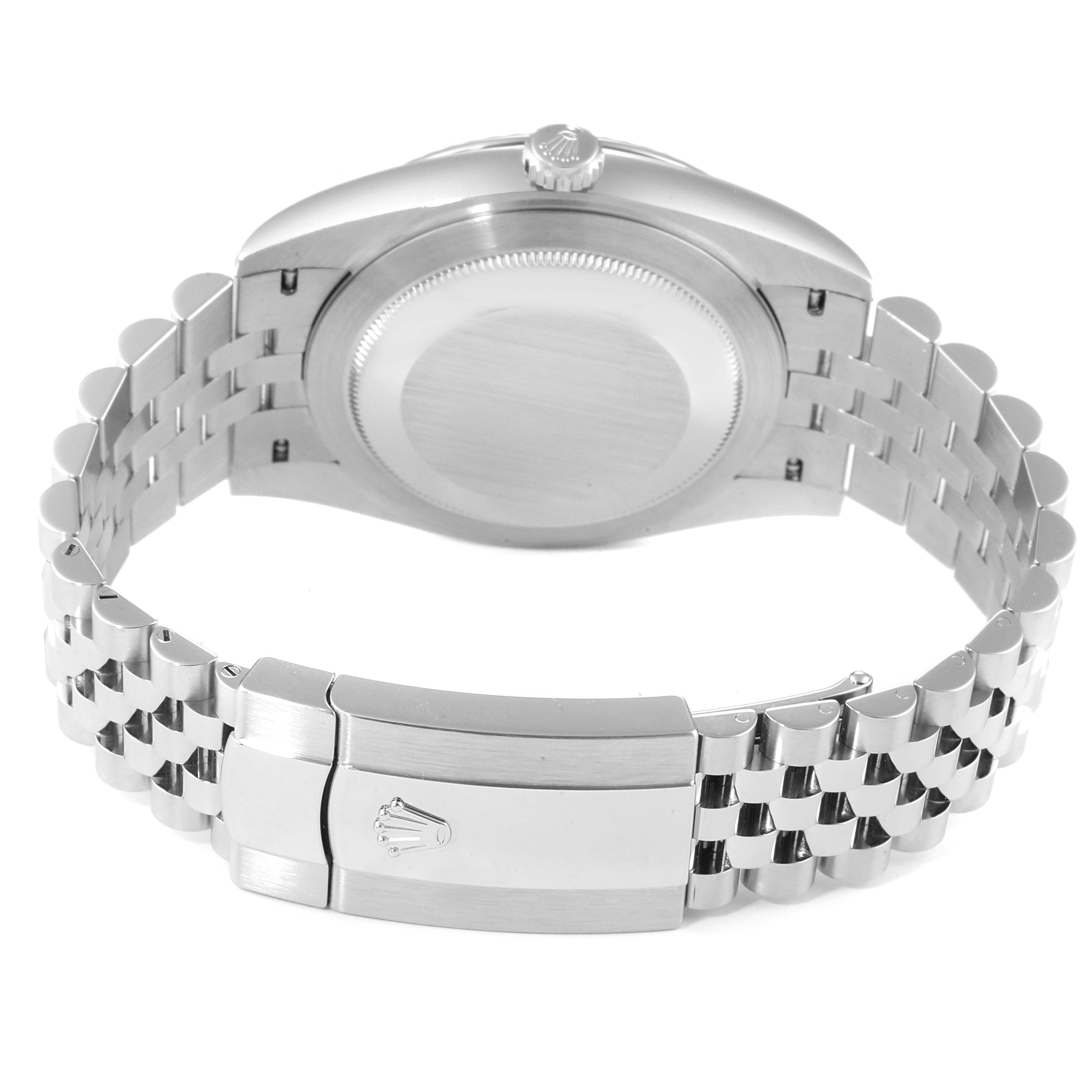 The image shows the back view of a Rolex Datejust 126334 Men
s Stainless Steel Black Dial 126334 Men
s Stainless Steel Black Dial watch, highlighting its clasp, bracelet, and case back.