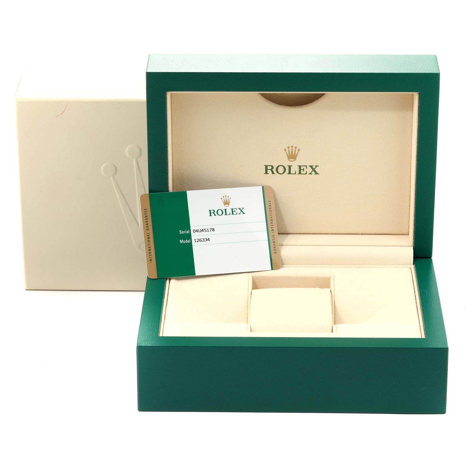 The image shows the open packaging box and card for the Datejust model by Rolex, on a front-facing angle.
