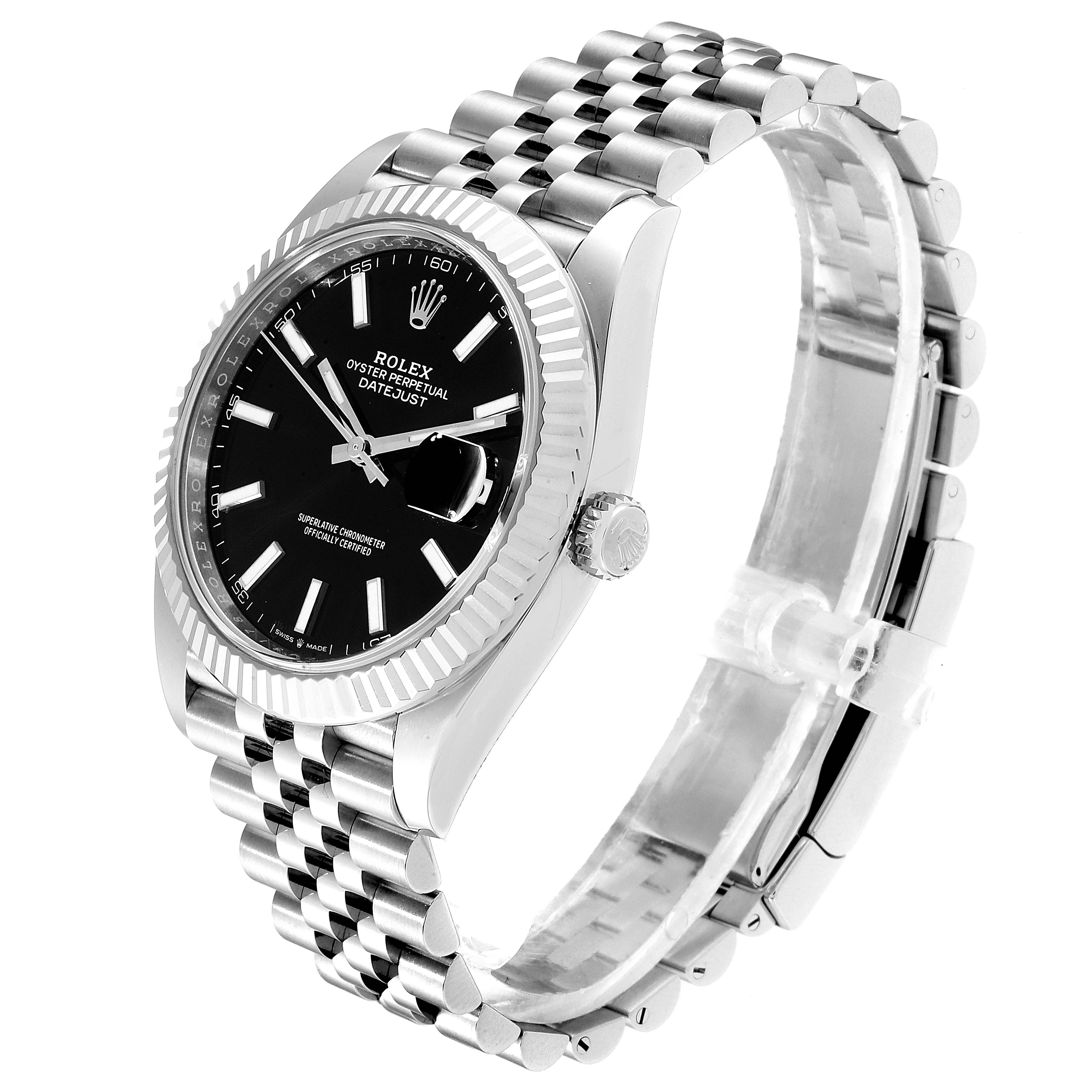 This Rolex Datejust 126334 Men
s Stainless Steel Black Dial 126334 Men
s Stainless Steel Black Dial watch is shown from an angled side view, displaying the face, bezel, crown, and Jubilee bracelet.