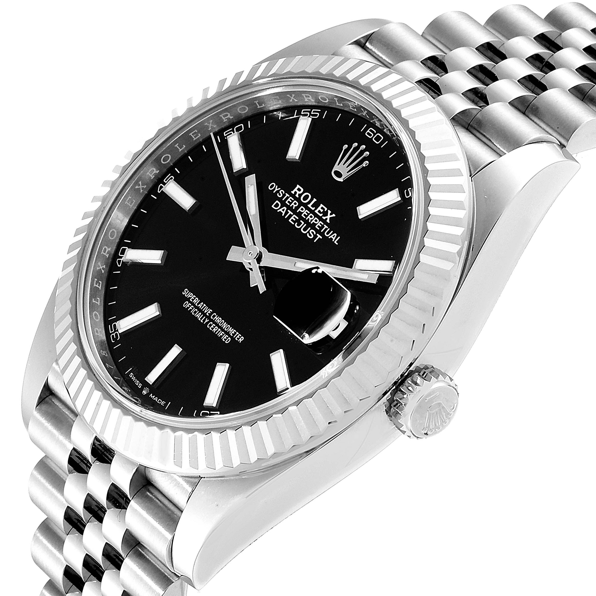 The image shows a Rolex Datejust 126334 Men
s Stainless Steel Black Dial 126334 Men
s Stainless Steel Black Dial watch at an angled view highlighting the face, bezel, crown, and part of the bracelet.