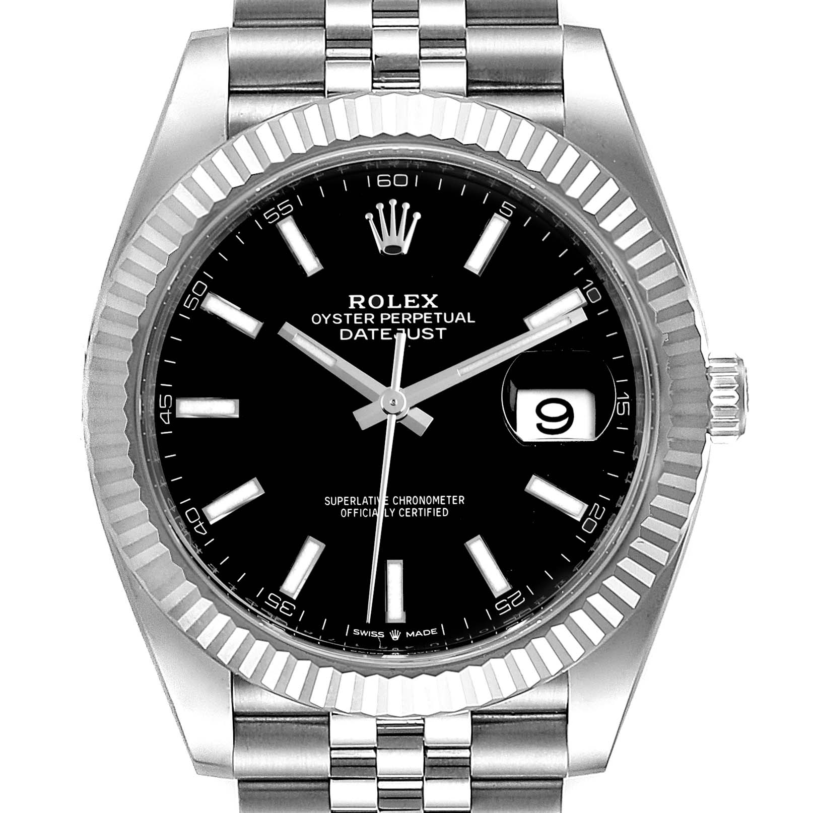 The image shows a front view of a Rolex Datejust 126334 Men
s Stainless Steel Black Dial 126334 Men
s Stainless Steel Black Dial watch, highlighting its black dial, fluted bezel, and bracelet.