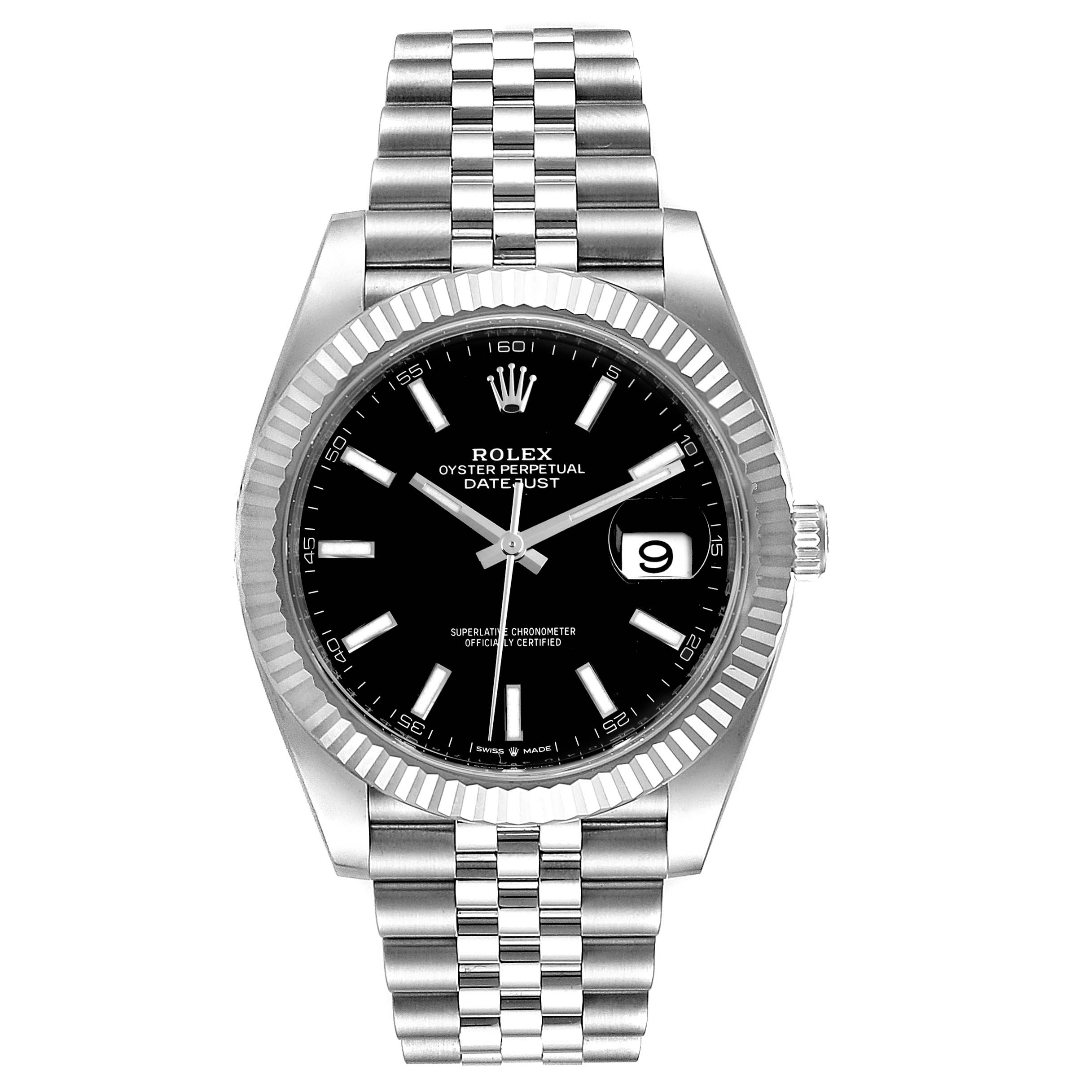 The image shows a front-facing view of a Rolex Datejust 126334 Men
s Stainless Steel Black Dial 126334 Men
s Stainless Steel Black Dial watch, displaying the face, hands, bracelet, and date window.
