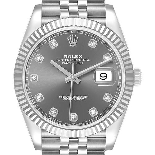 The image shows a frontal view of the Rolex Datejust 41 126334 Men's Stainless Steel Grey Dial, highlighting its dial, fluted bezel, and jubilee bracelet.