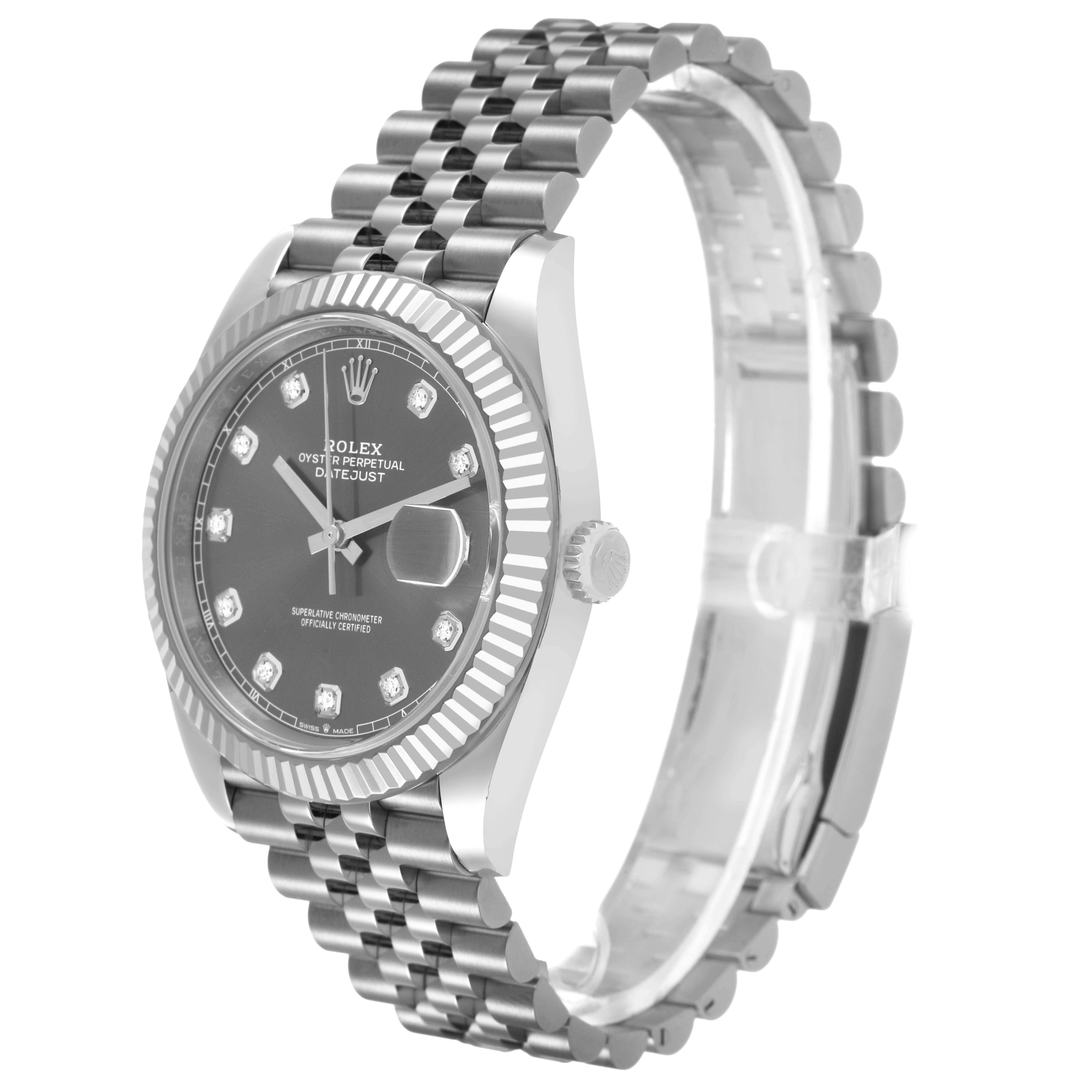 The Rolex Datejust 41 126334 Men's Stainless Steel Grey Dial is shown at a three-quarter angle, highlighting its dial, bezel, and Jubilee bracelet.
