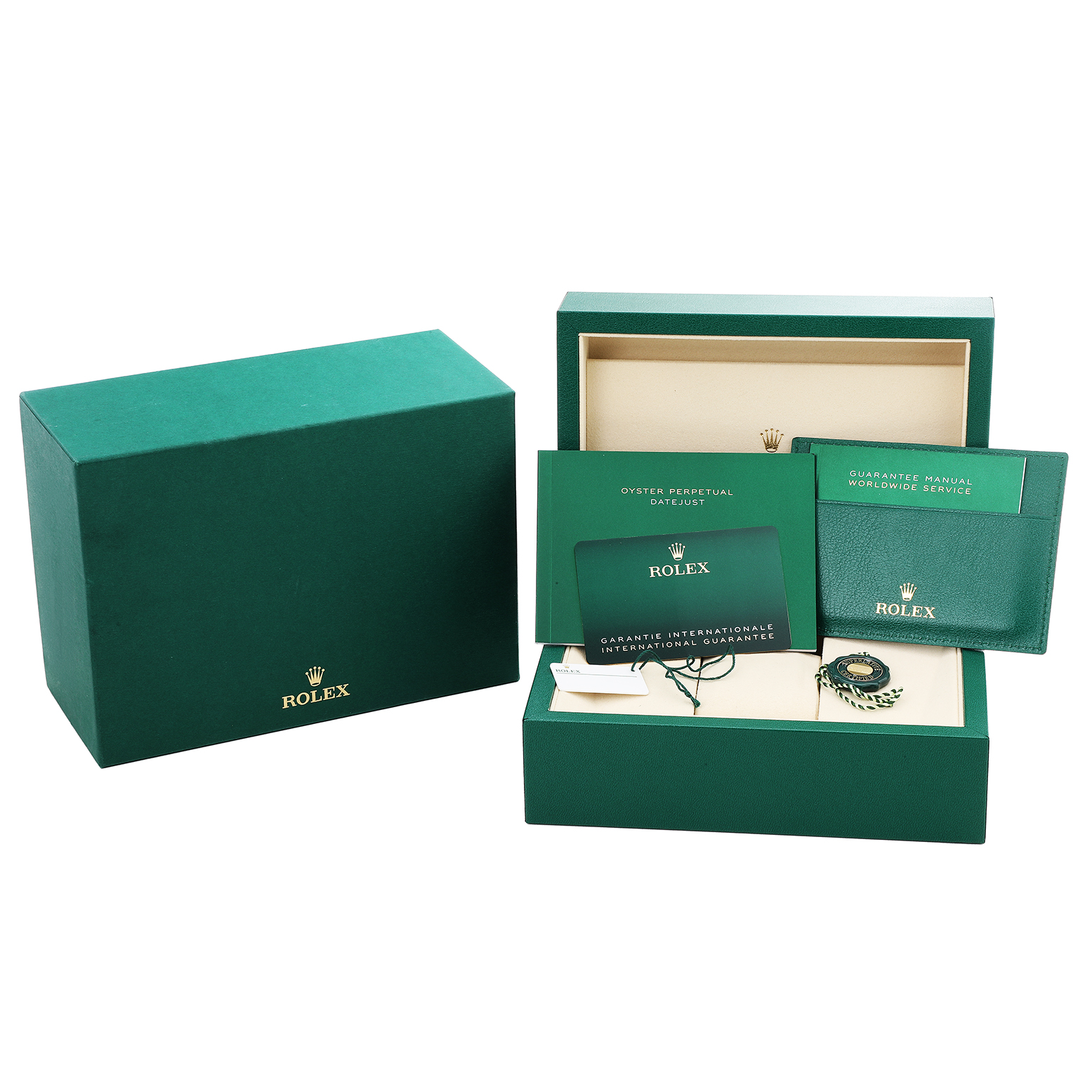 The image shows the packaging and accessories of a Rolex Datejust 41 126334 Men's Stainless Steel Grey Dial, including the box, manual, guarantee card, and tag.