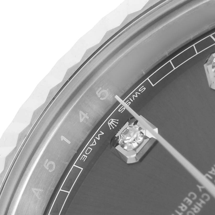 This close-up image of the Rolex Datejust 41 126334 Men's Stainless Steel Grey Dial shows the dial, part of the bezel, and diamond hour markers.
