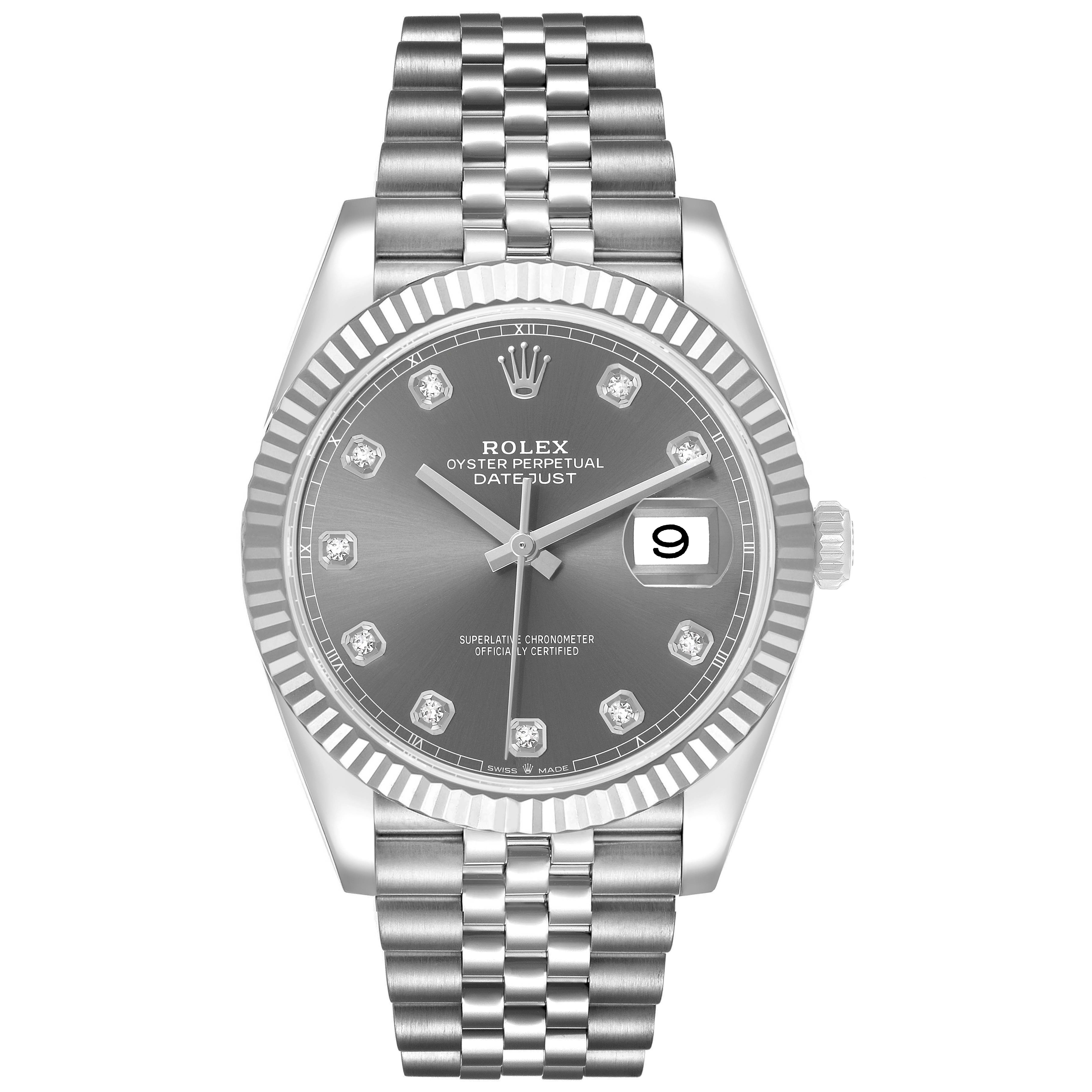 The Rolex Datejust 41 126334 Men's Stainless Steel Grey Dial is shown from a front angle, displaying the dial, bezel, and Jubilee bracelet.