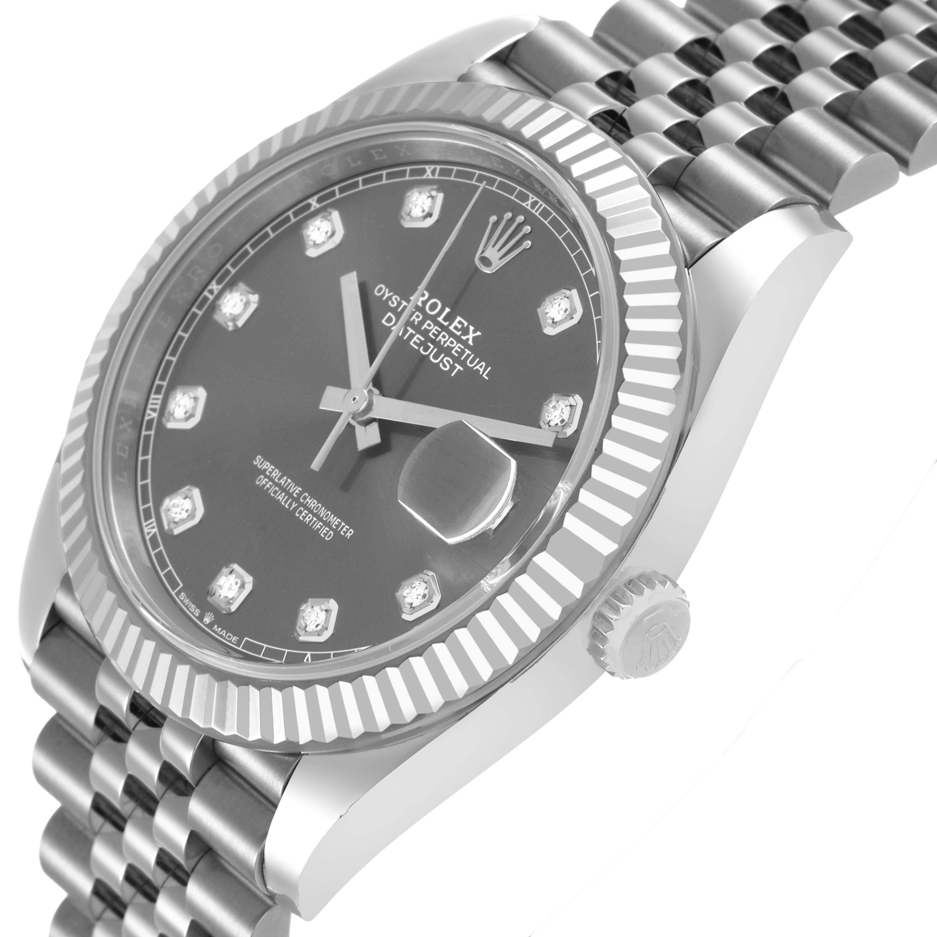 The Rolex Datejust 41 126334 Men's Stainless Steel Grey Dial is shown at an angled view highlighting its fluted bezel, dark dial with diamond markers, and Jubilee bracelet.