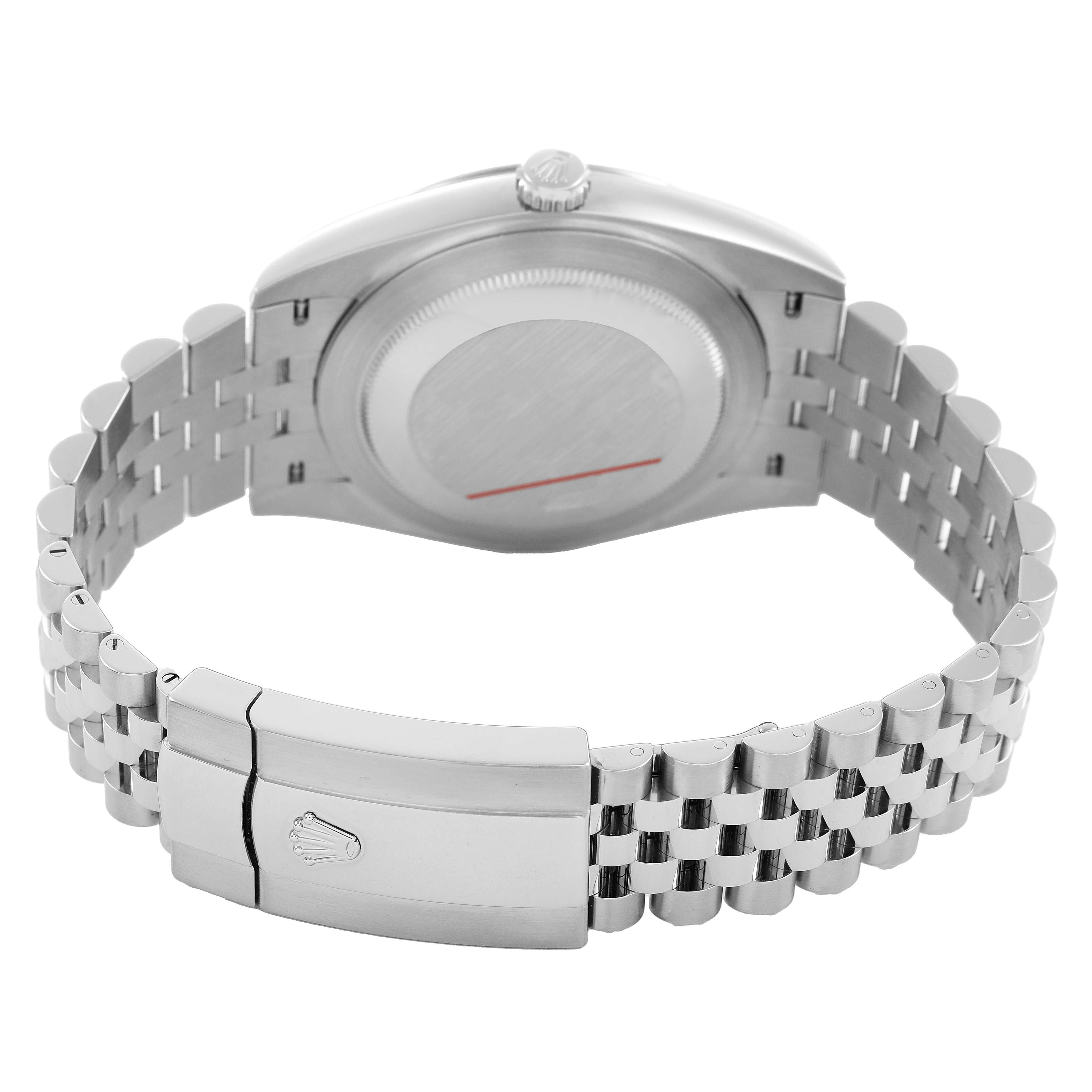 The image shows the back and bracelet of a Rolex Datejust 41 126334 Men's Stainless Steel Grey Dial, highlighting the clasp and case back.