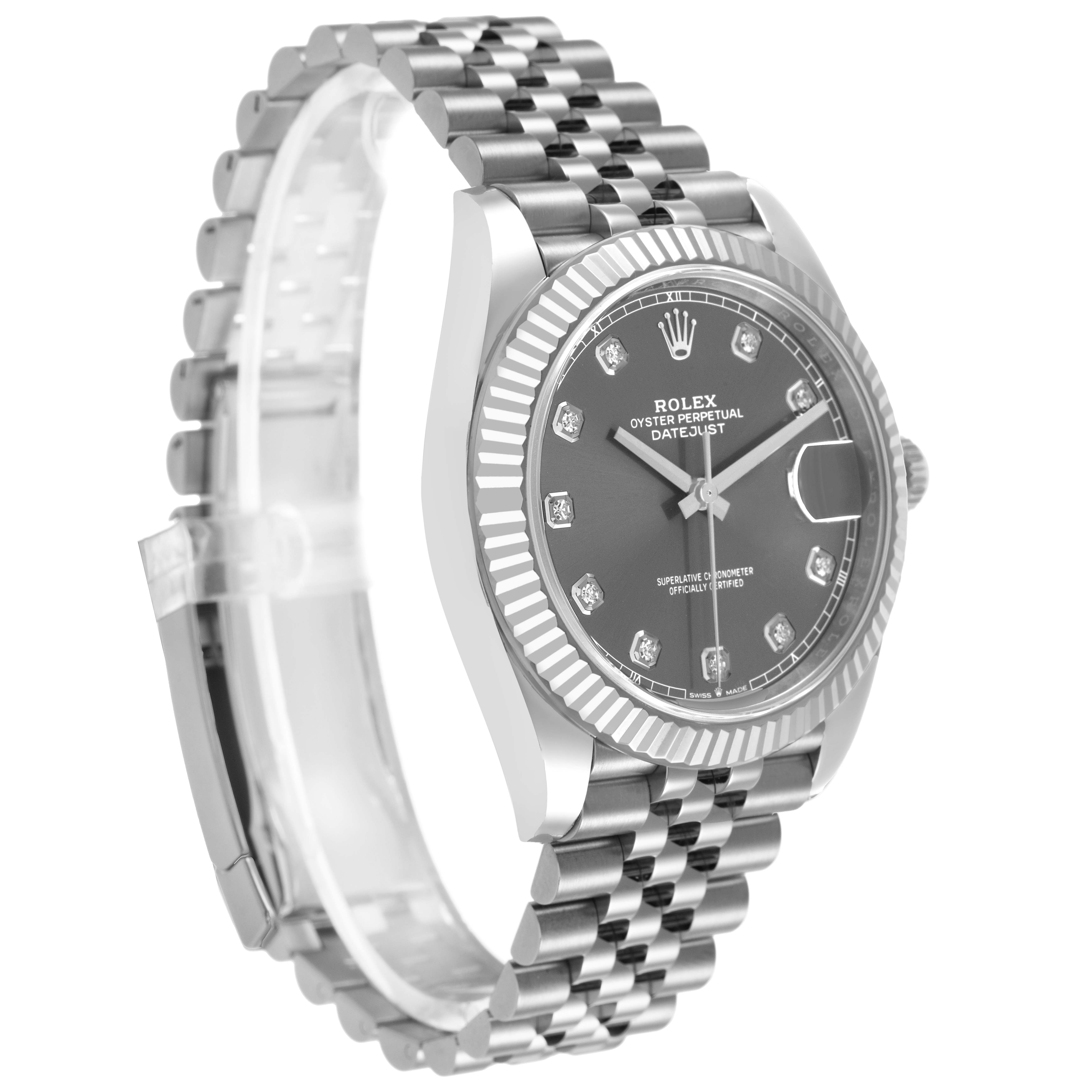 The Rolex Datejust 41 126334 Men's Stainless Steel Grey Dial is shown at a slight angle displaying the face, bezel, bracelet, and clasp.