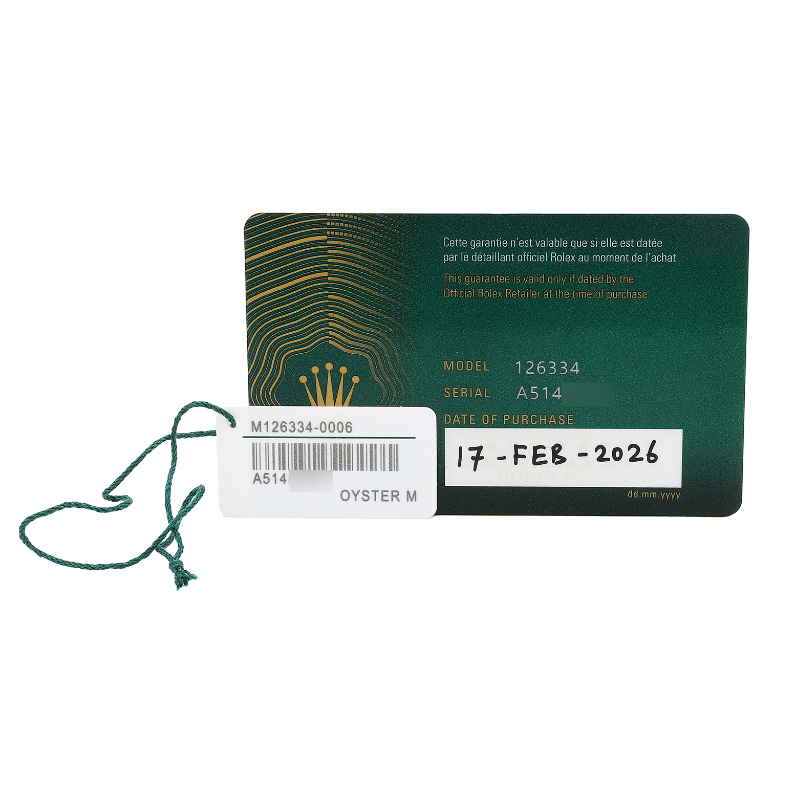The image shows the warranty card and tag for a Rolex Datejust 41 126334 Men's Stainless Steel Grey Dial, model 126334, with purchase date details.