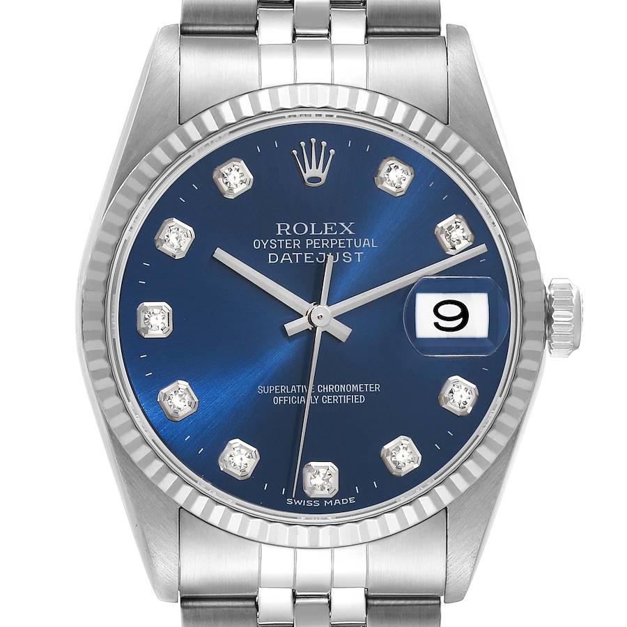 Rolex Datejust Blue Diamond Dial Steel White Gold Mens Watch 16234 SwissWatchExpo