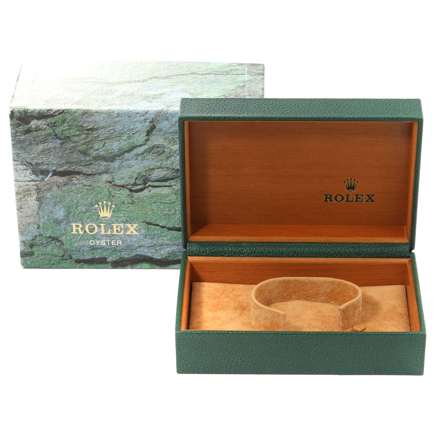 This image shows an open Rolex Datejust 16234G Men's Stainless Steel Blue Dial 16234G Men's Stainless Steel Blue Dial presentation box with a green leather exterior and a wooden interior with a cushion.