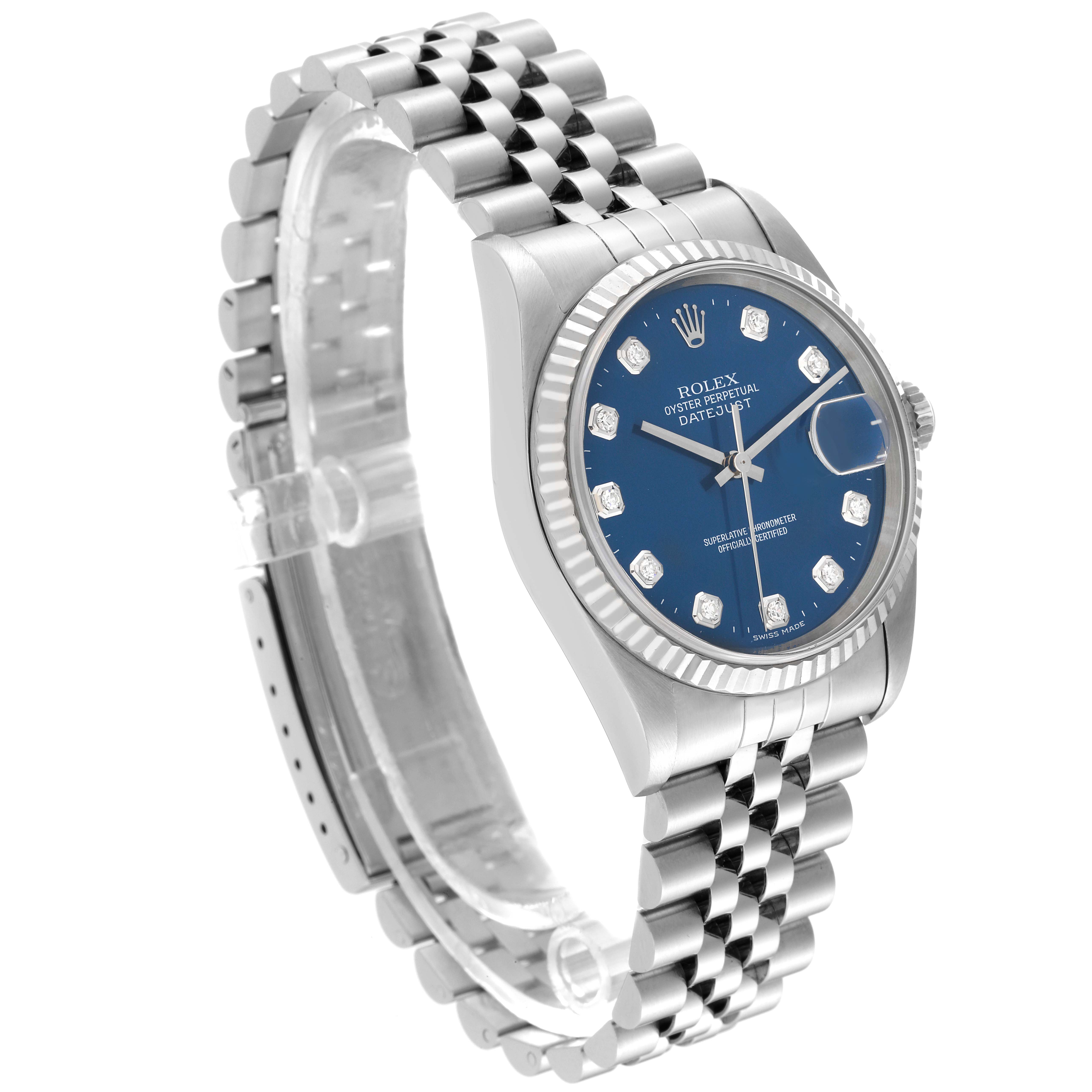The Rolex Datejust 16234G Men's Stainless Steel Blue Dial 16234G Men's Stainless Steel Blue Dial watch is shown at a three-quarter angle, highlighting its blue dial, stainless steel case, and jubilee bracelet.