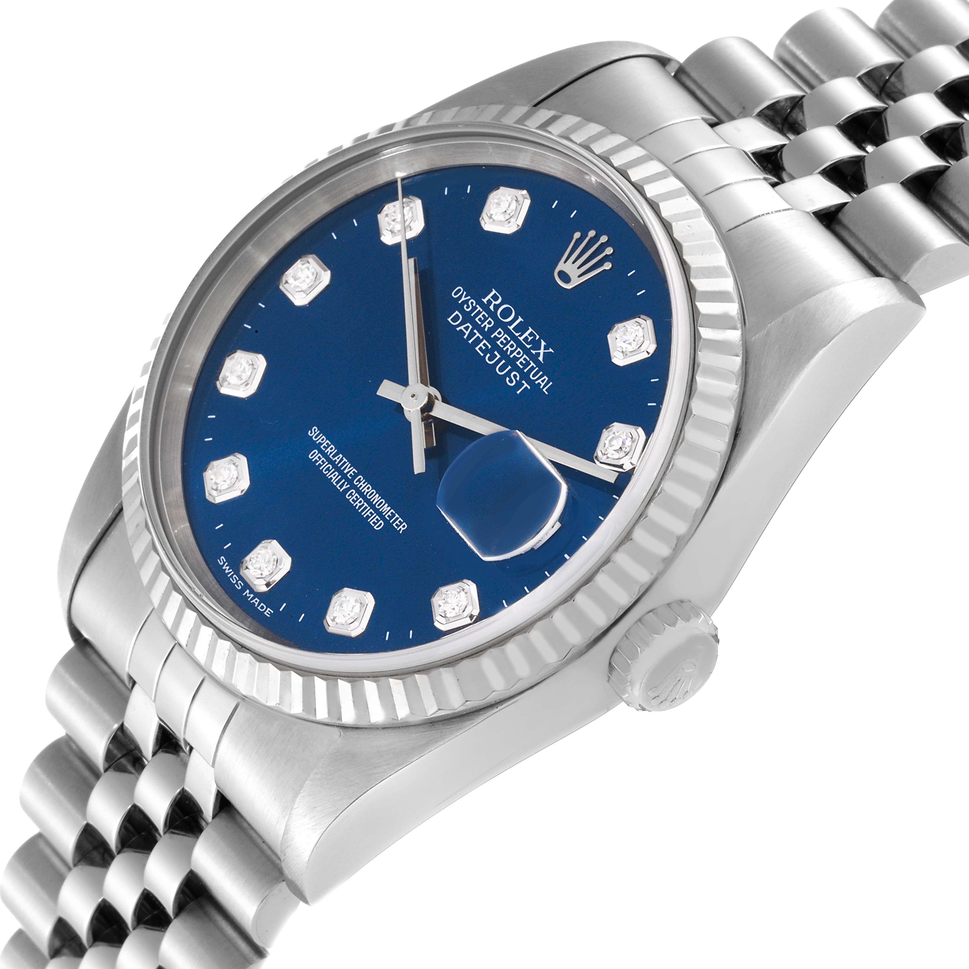 The image shows a close-up angled view of the Rolex Datejust 16234G Men's Stainless Steel Blue Dial 16234G Men's Stainless Steel Blue Dial, highlighting the dial, bezel, case, crown, and bracelet.