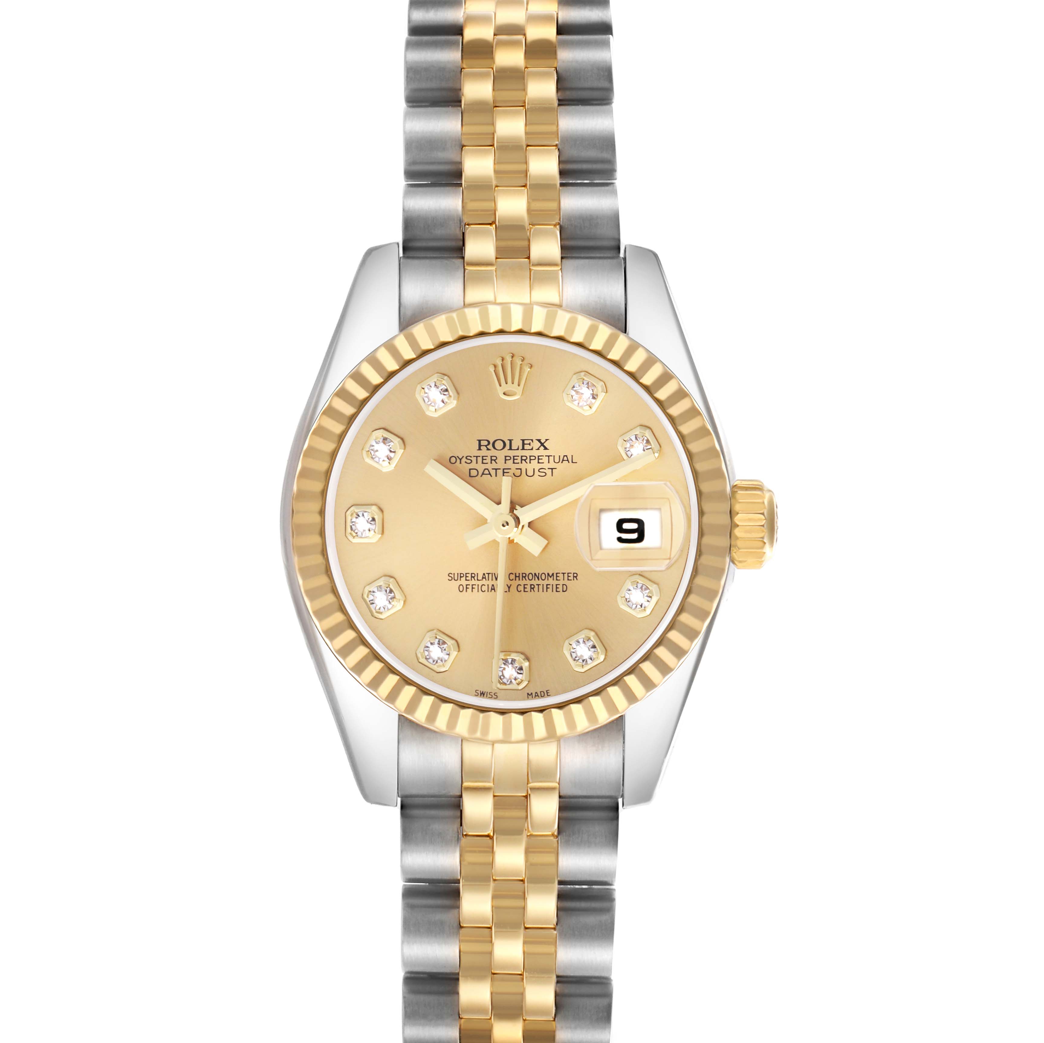 The image shows a Rolex Datejust 179173 Women
s Steel and Gold (two tone) Champagne Dial 179173 Women
s Steel and Gold (two tone) Champagne Dial watch from the front, featuring a gold dial with diamond markers and a two-tone bracelet.