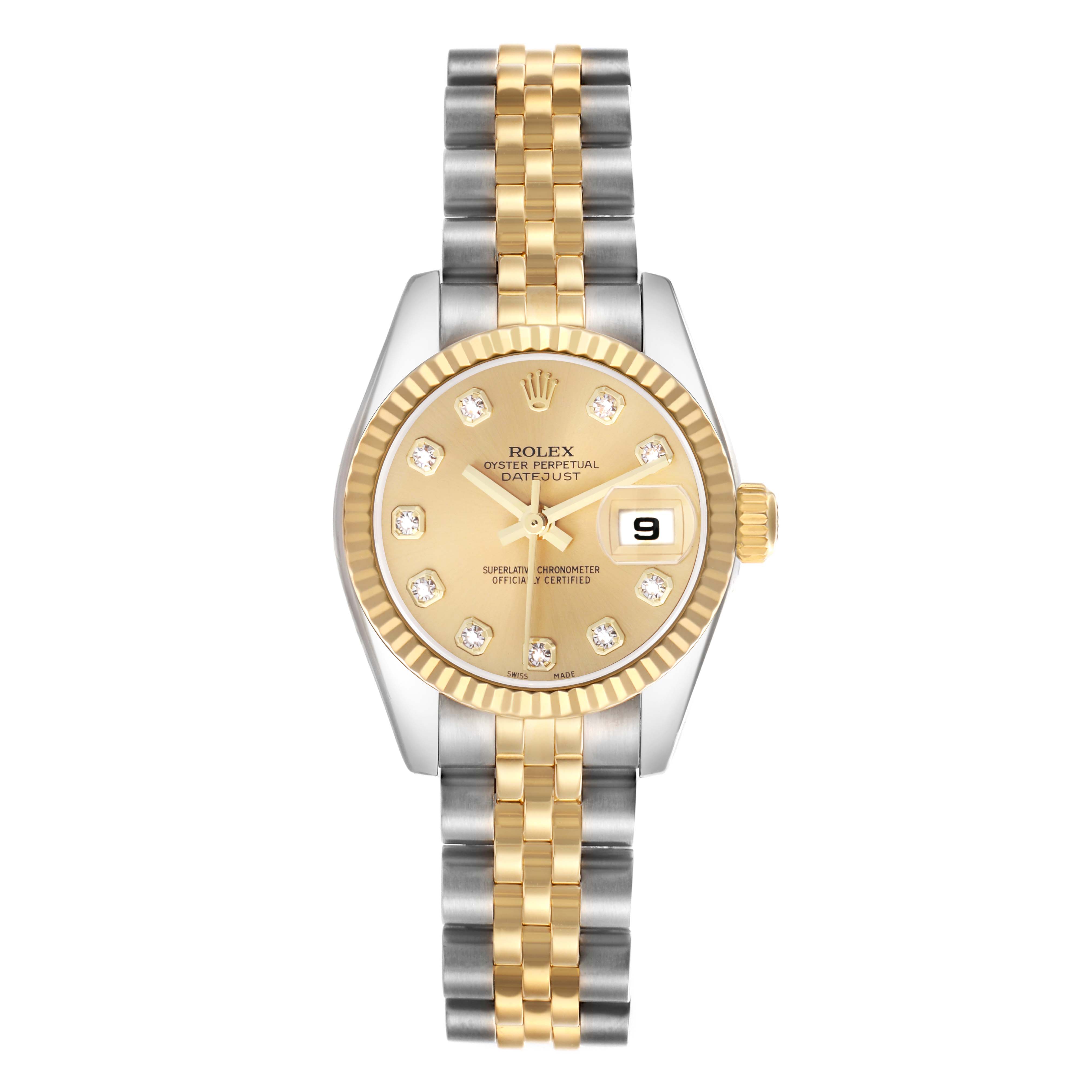The Rolex Datejust 179173 Women
s Steel and Gold (two tone) Champagne Dial 179173 Women
s Steel and Gold (two tone) Champagne Dial watch is shown from a top angle, displaying the face, bezel, bracelet, and crown.