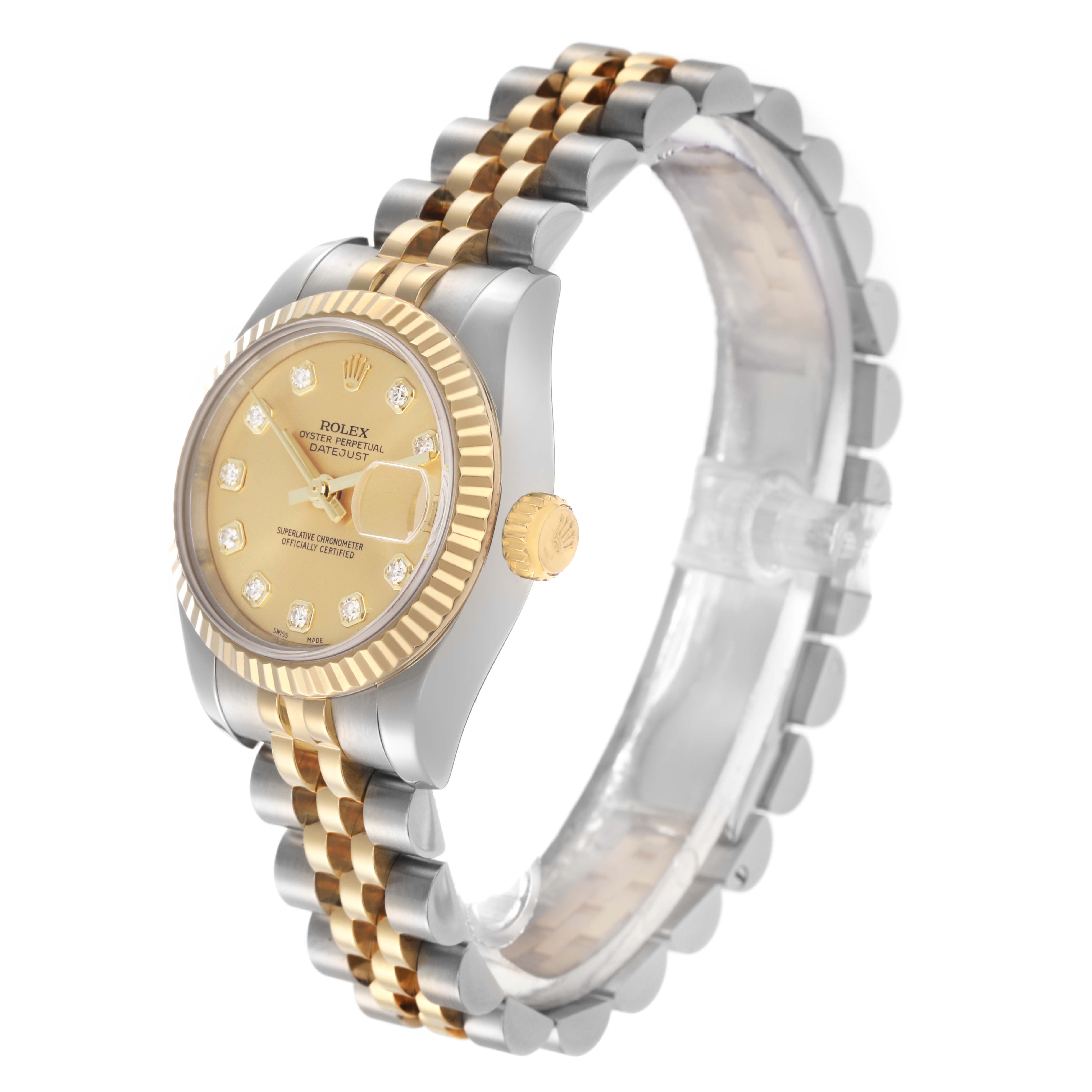 The Rolex Datejust 179173 Women
s Steel and Gold (two tone) Champagne Dial 179173 Women
s Steel and Gold (two tone) Champagne Dial watch is shown at a three-quarter angle, displaying the bezel, face, bracelet, and crown.