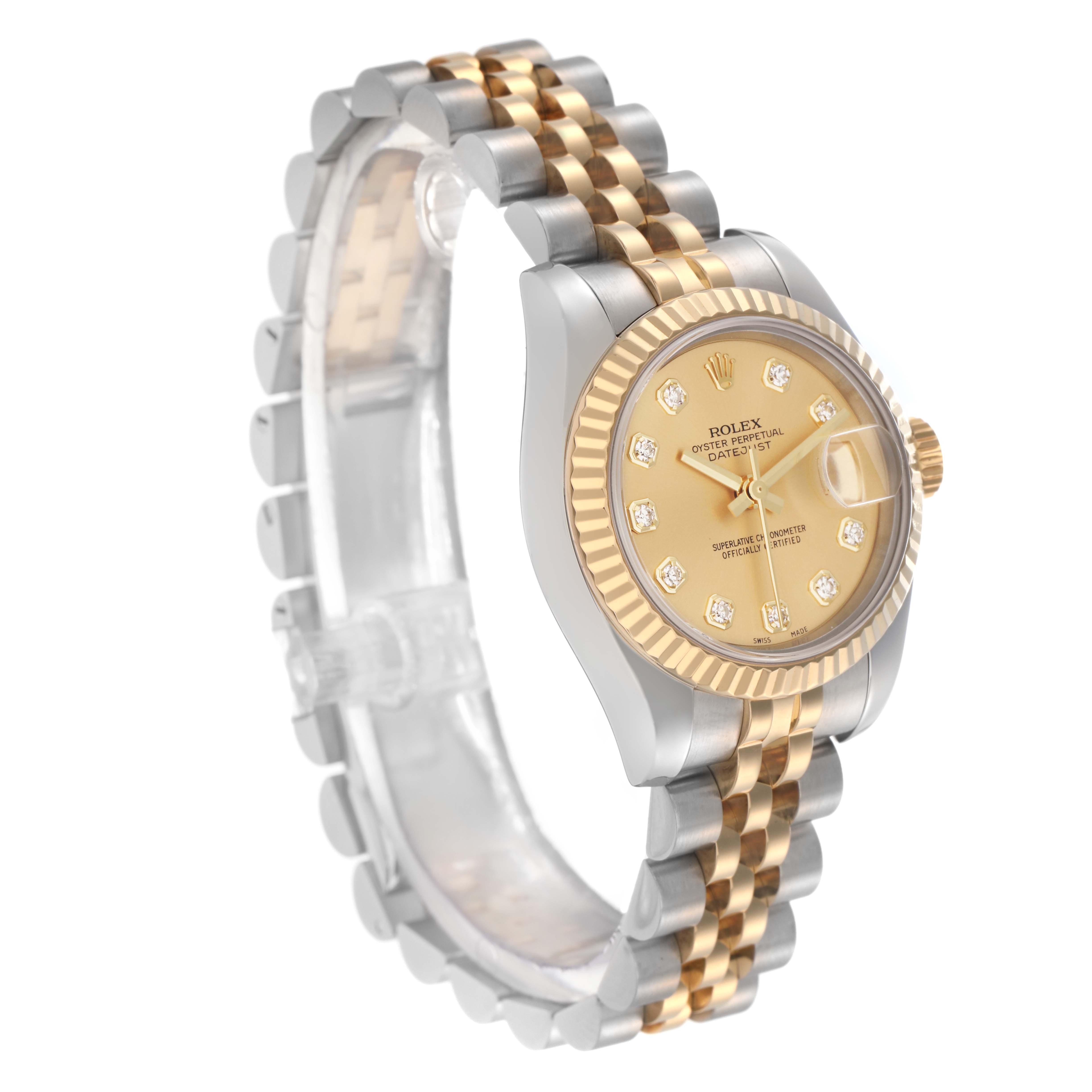 The Rolex Datejust 179173 Women
s Steel and Gold (two tone) Champagne Dial 179173 Women
s Steel and Gold (two tone) Champagne Dial watch is shown at a three-quarter angle, highlighting the face, fluted bezel, and two-tone bracelet.