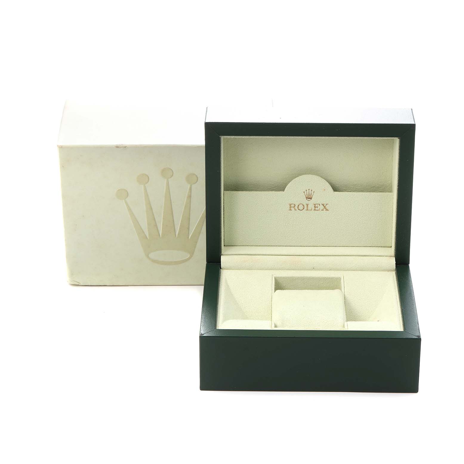 The image shows an open Rolex Datejust 179173 Women
s Steel and Gold (two tone) Champagne Dial 179173 Women
s Steel and Gold (two tone) Champagne Dial watch box at a slight angle, featuring the brand
s logo inside.