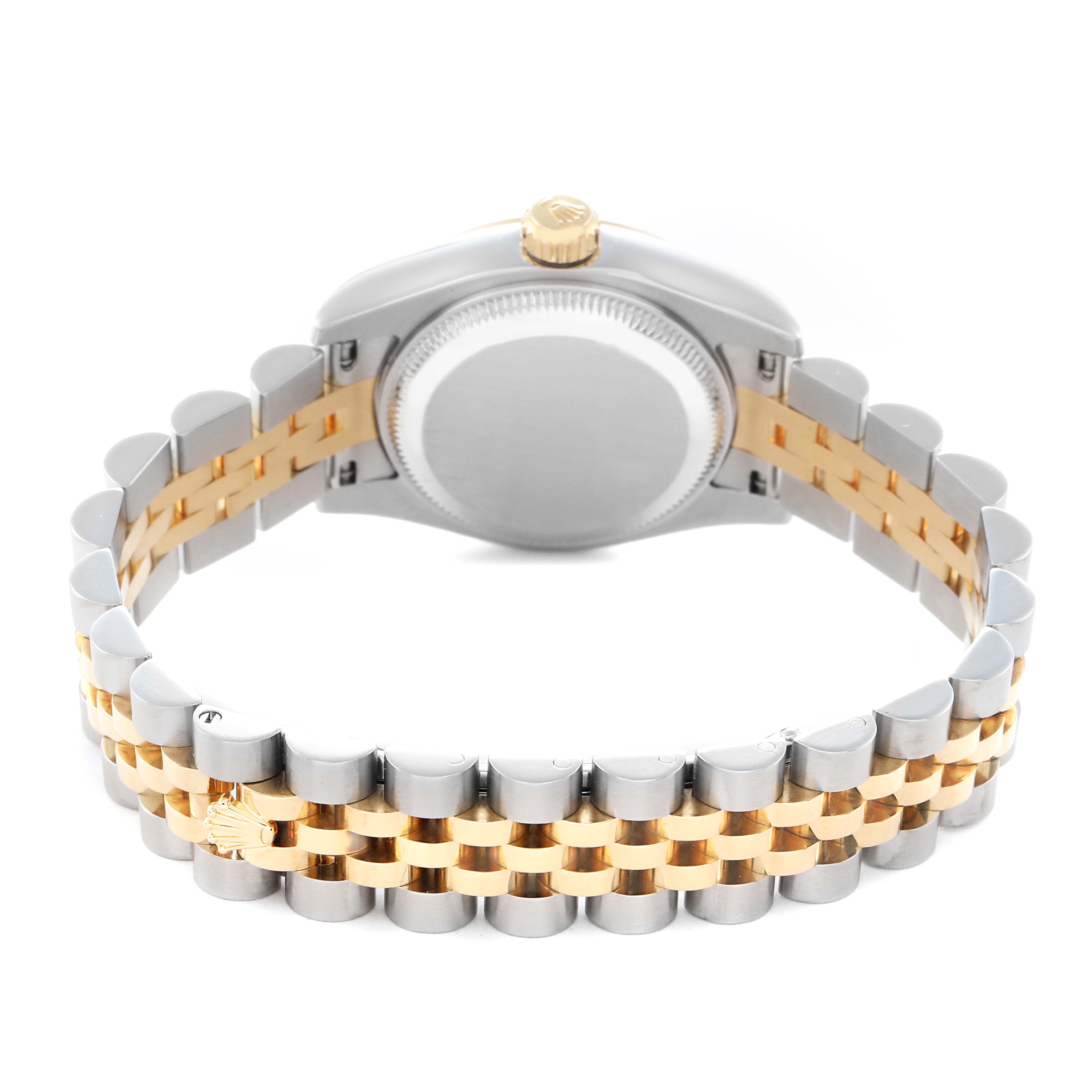 The image shows the backside of a Rolex Datejust 179173 Women
s Steel and Gold (two tone) Champagne Dial 179173 Women
s Steel and Gold (two tone) Champagne Dial with a focus on its two-tone bracelet and case back.