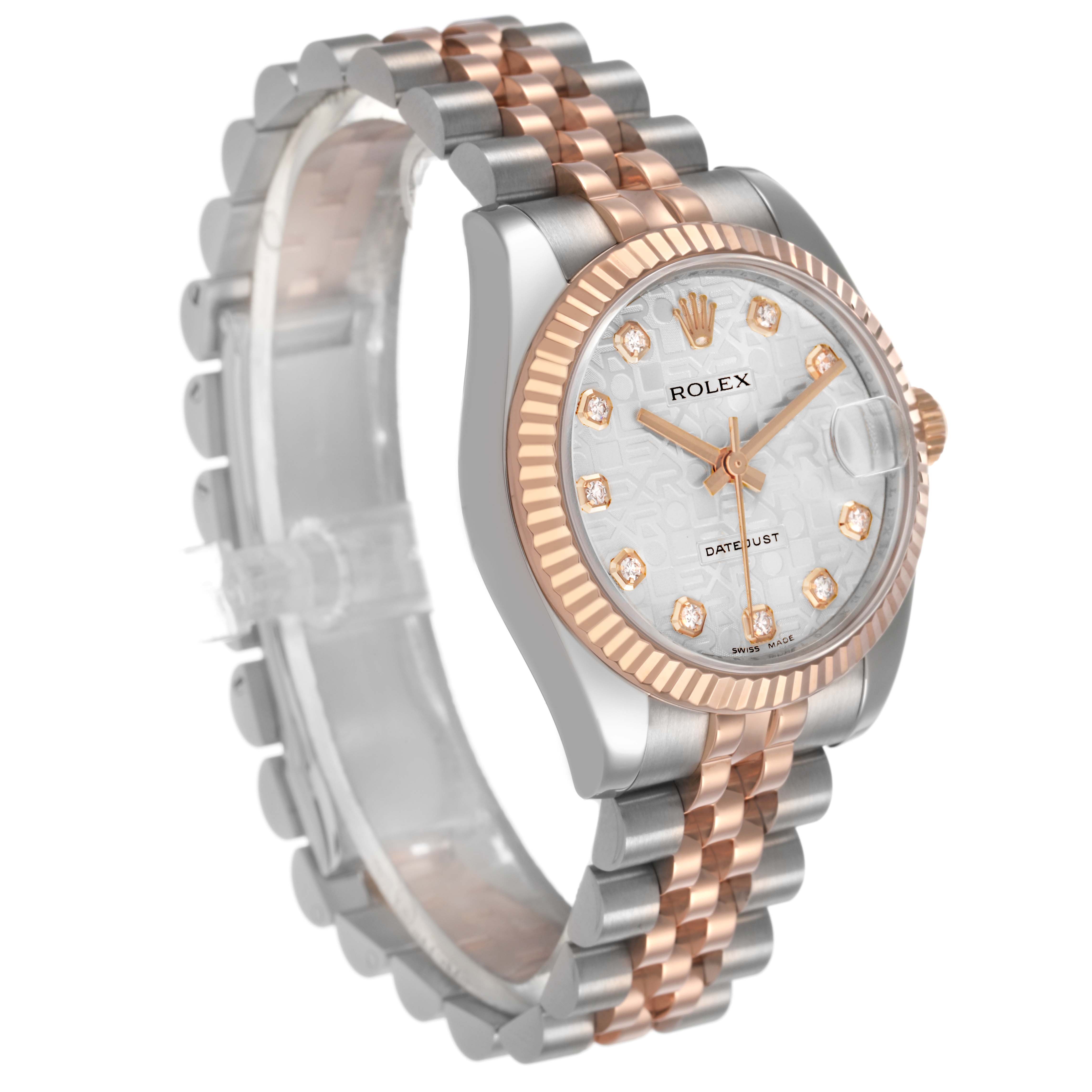 The Rolex Mid-Size 178271 Women's Stainless Steel Silver Dial watch is shown at a three-quarter angle, highlighting its face, bezel, and bracelet.
