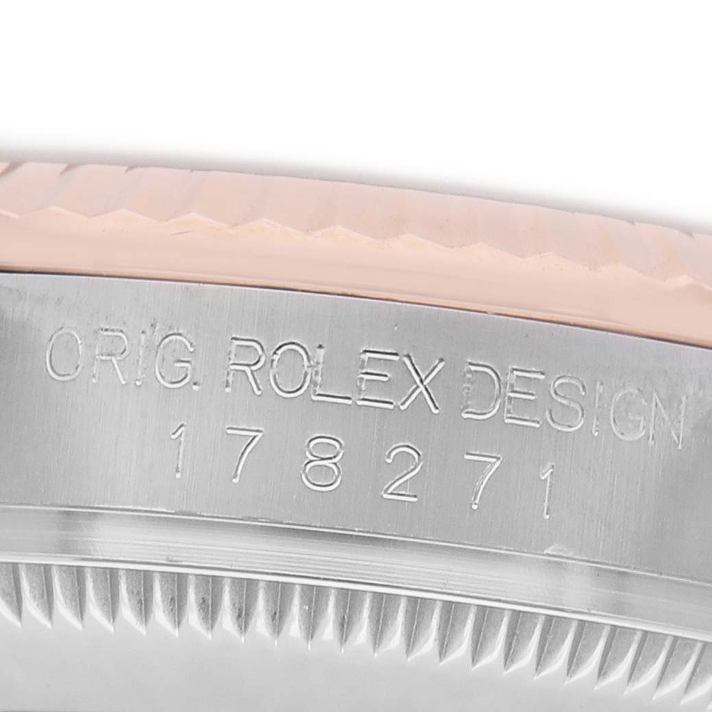 This image shows the side engraving of a Rolex Mid-Size 178271 Women's Stainless Steel Silver Dial watch, featuring the model number.
