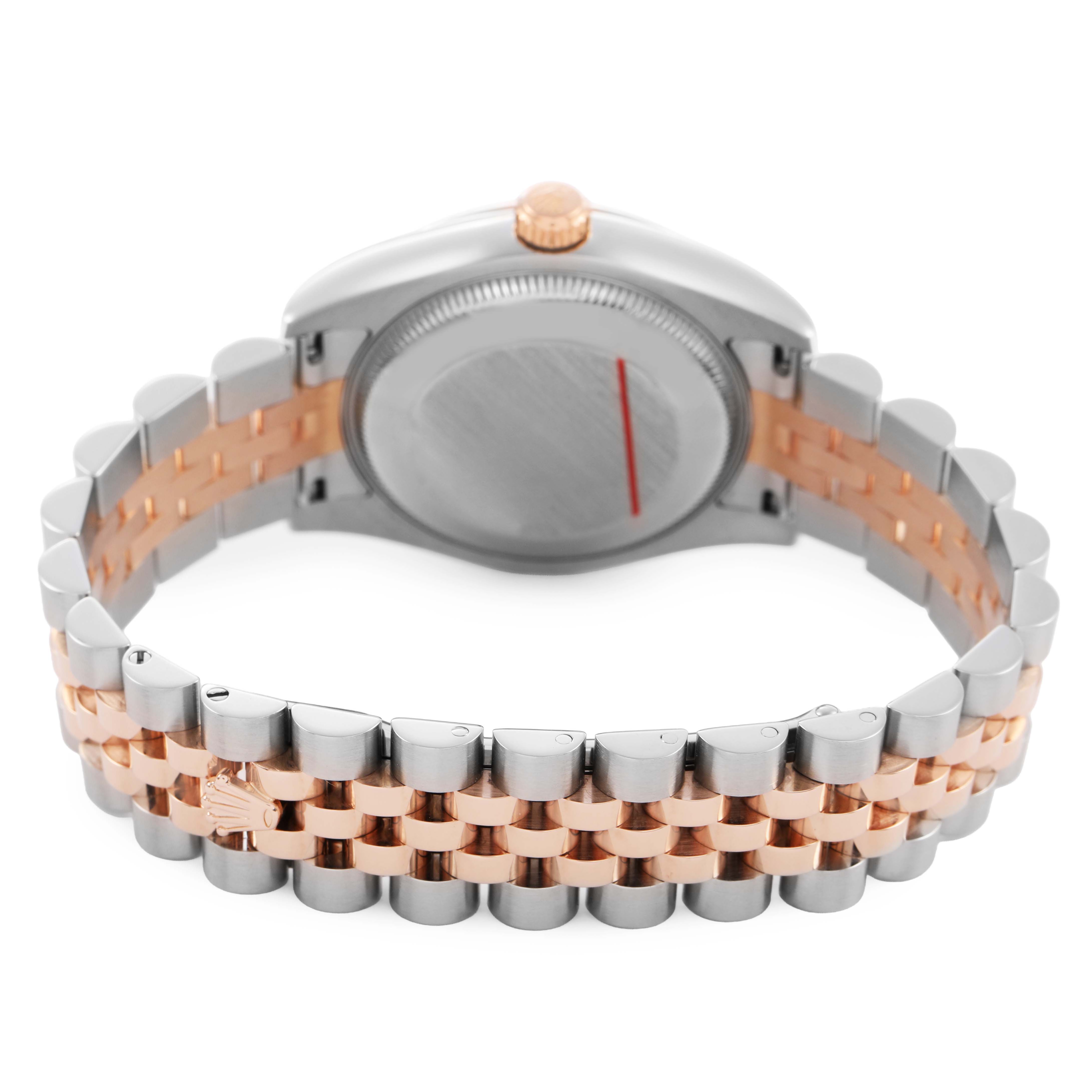 The image shows the back view of a Rolex Mid-Size 178271 Women's Stainless Steel Silver Dial watch, featuring its case back and two-tone bracelet.