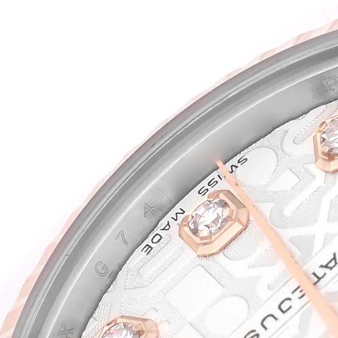 The image shows a close-up of the Rolex Mid-Size 178271 Women's Stainless Steel Silver Dial watch dial, highlighting diamond hour markers and part of the bezel.
