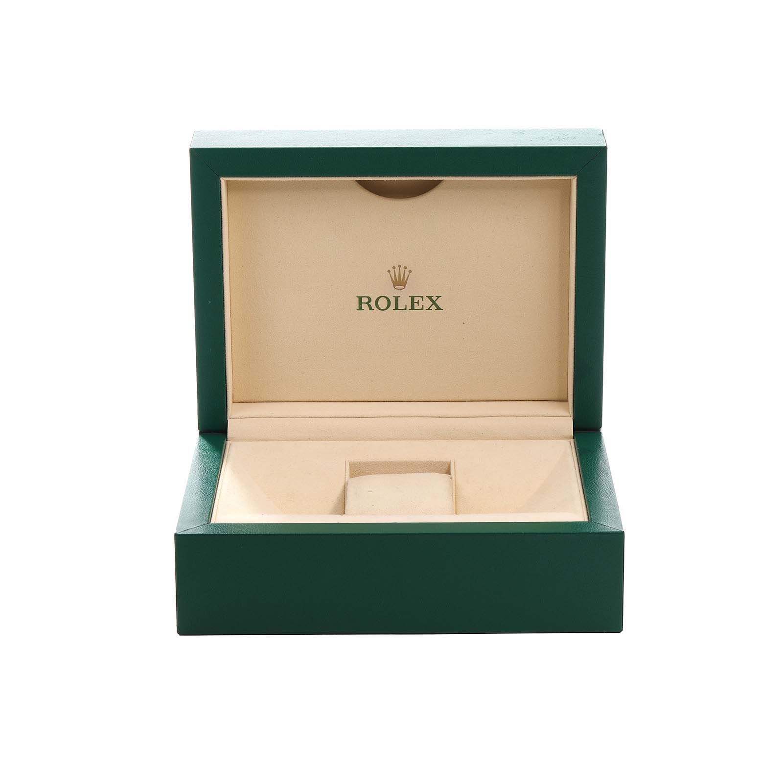 The image shows an open Rolex watch box for the Mid-Size model, featuring its interior and logo.