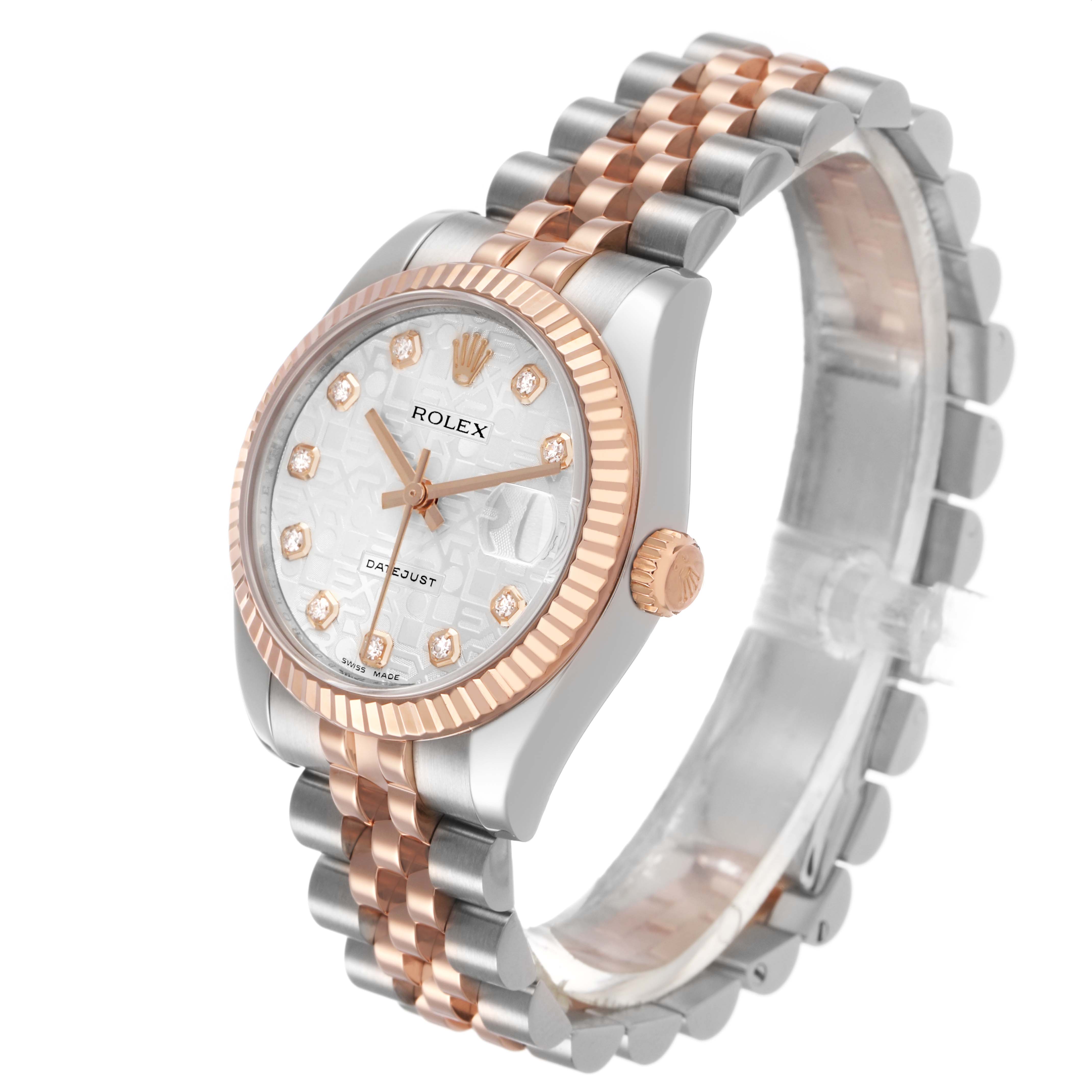 The Rolex Mid-Size 178271 Women's Stainless Steel Silver Dial watch is shown at a slight angle, displaying the face, bezel, crown, and two-tone bracelet.