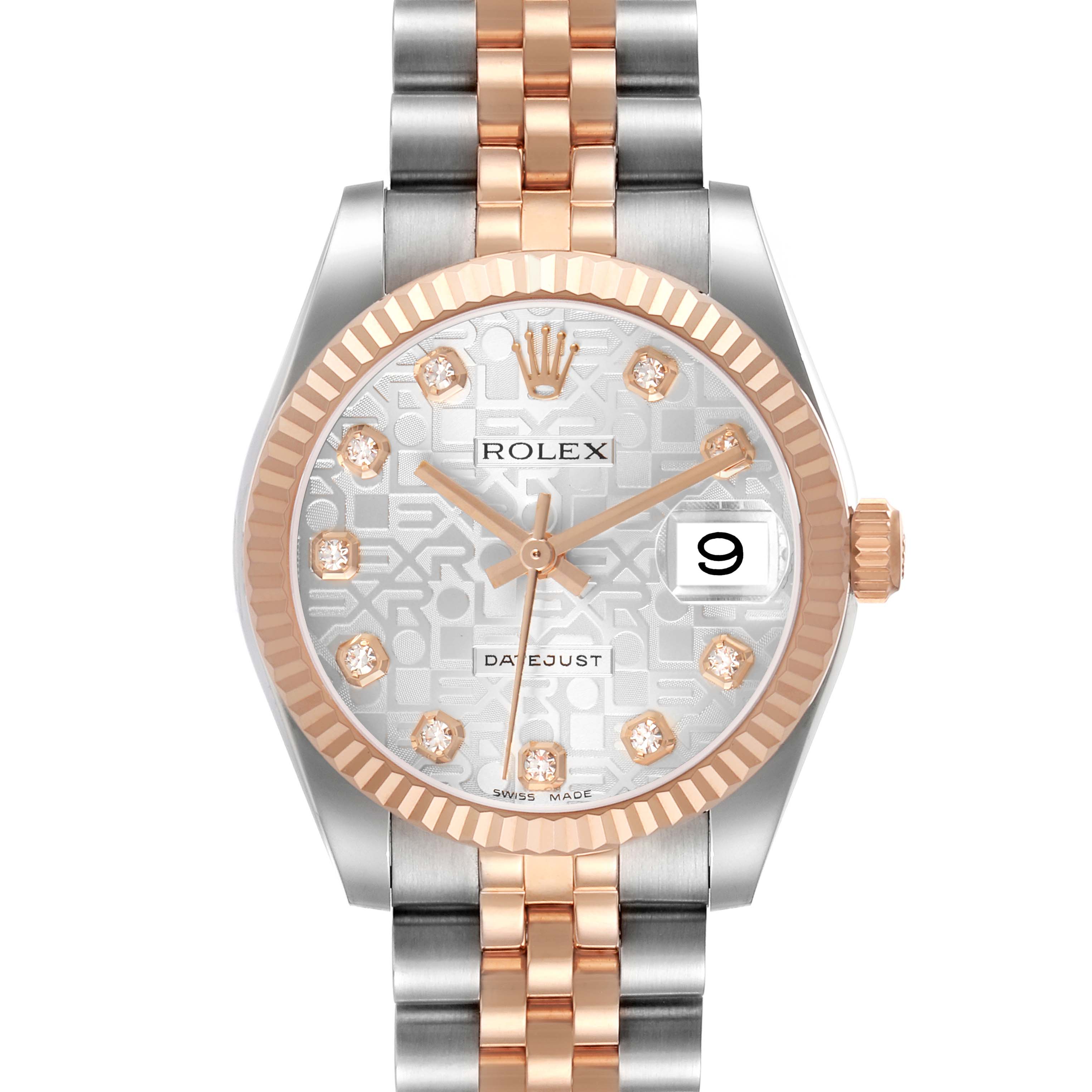 The Rolex Mid-Size 178271 Women's Stainless Steel Silver Dial watch is shown from the front, displaying the dial, bezel, crown, and part of the bracelet.