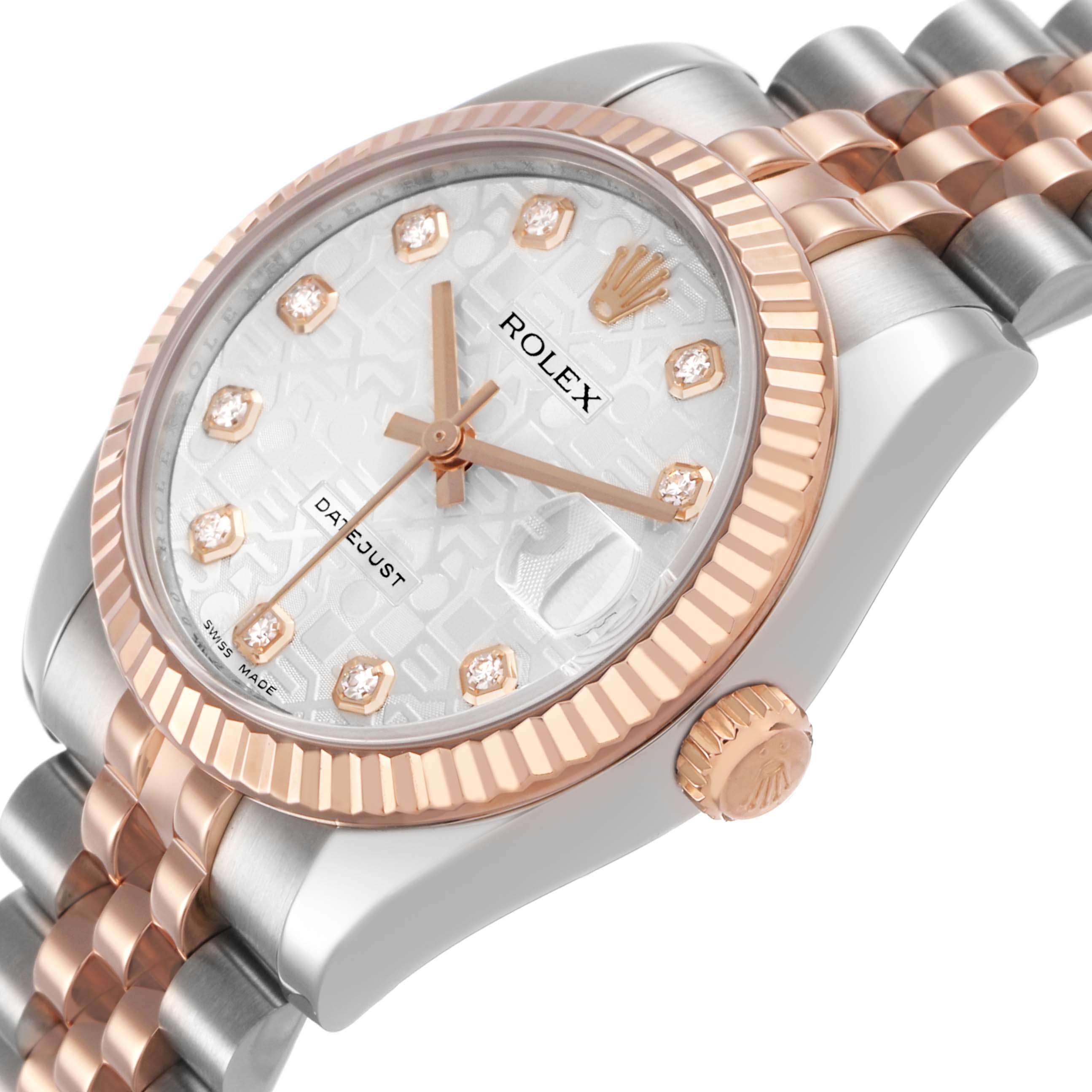 The Rolex Mid-Size 178271 Women's Stainless Steel Silver Dial watch is shown at a slight angle, highlighting the bezel, dial, crown, and part of the bracelet.