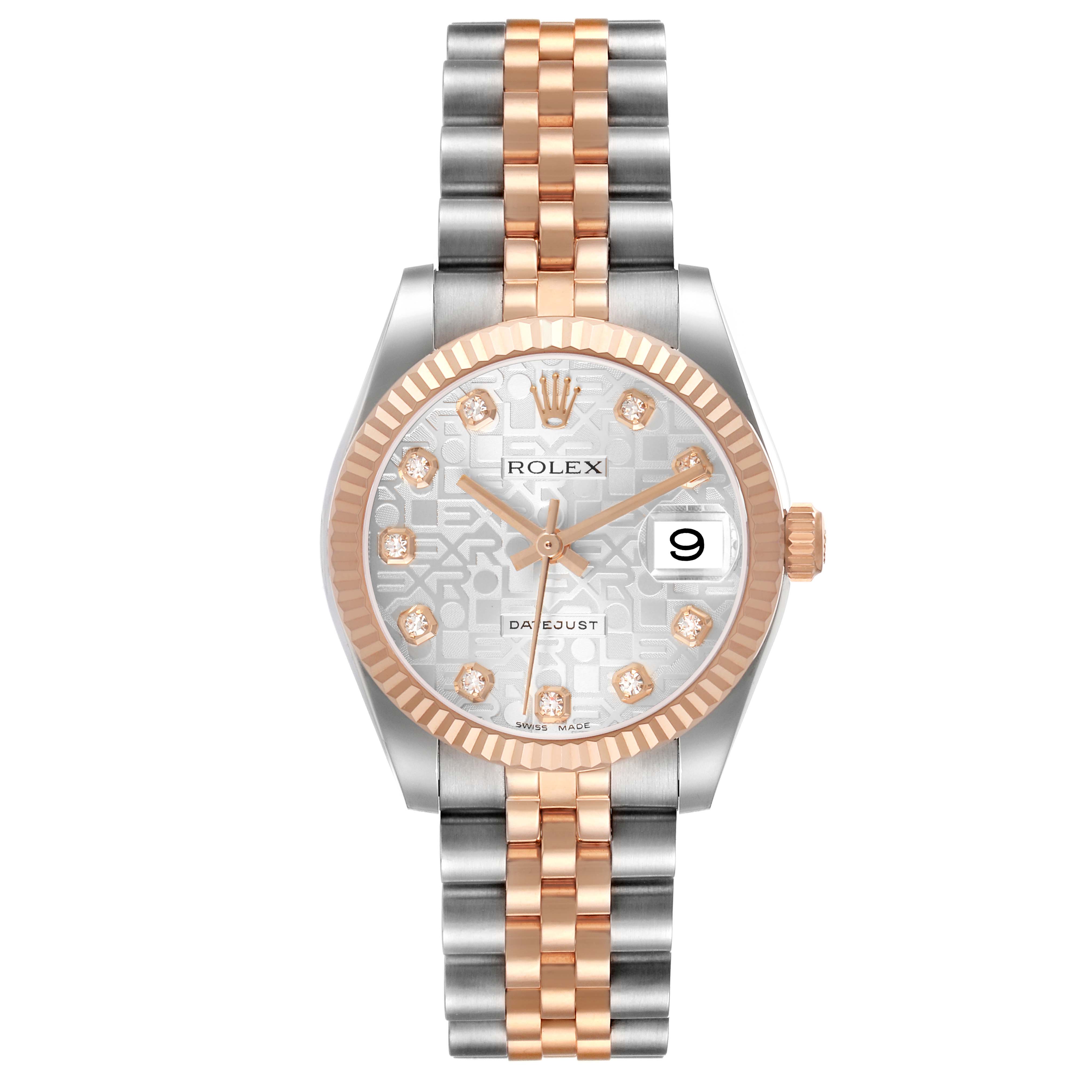 The Rolex Mid-Size 178271 Women's Stainless Steel Silver Dial watch is shown from a front angle, highlighting the dial, bezel, bracelet, and crown.