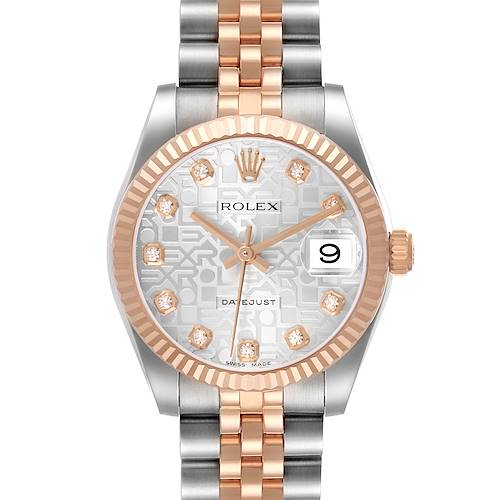 The Rolex Mid-Size 178271 Women's Stainless Steel Silver Dial watch is shown front-on, highlighting its bezel, dial, crown, and bracelet.