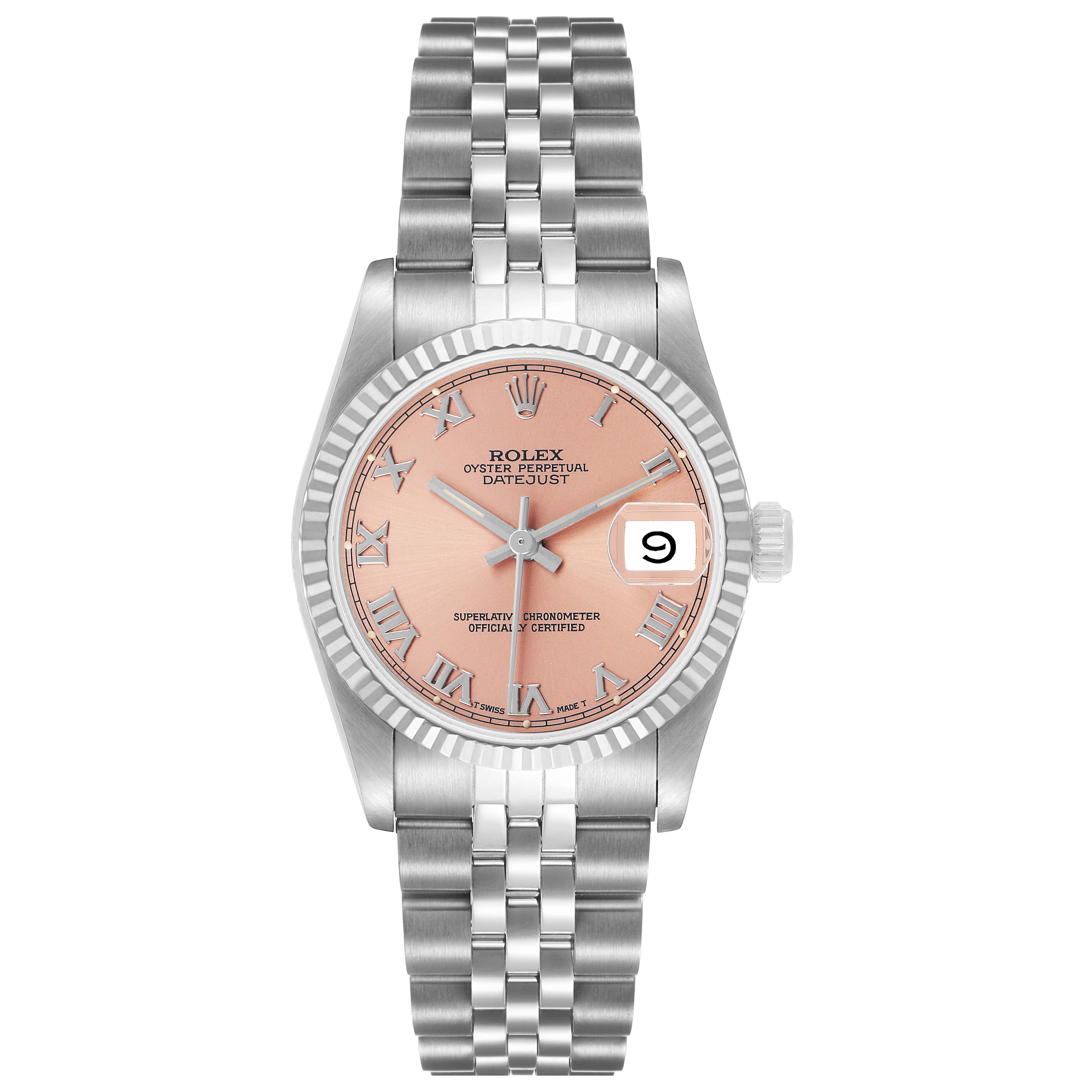 The Rolex Datejust Mid-Size model is shown from a top-down angle, highlighting the dial, bracelet, and date window.
