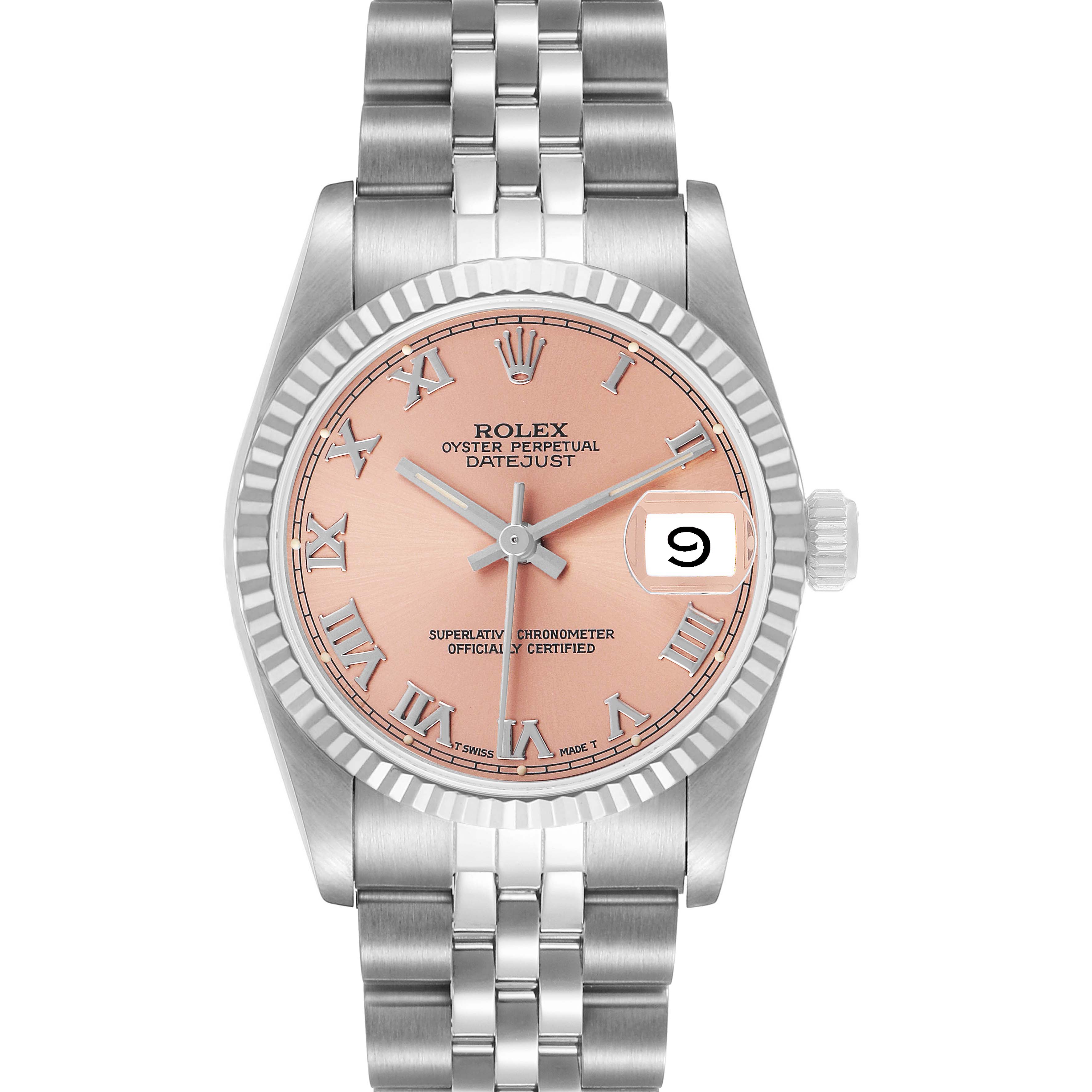 The Rolex Datejust Mid-Size is shown from a front angle, displaying the dial, bezel, hands, and bracelet.