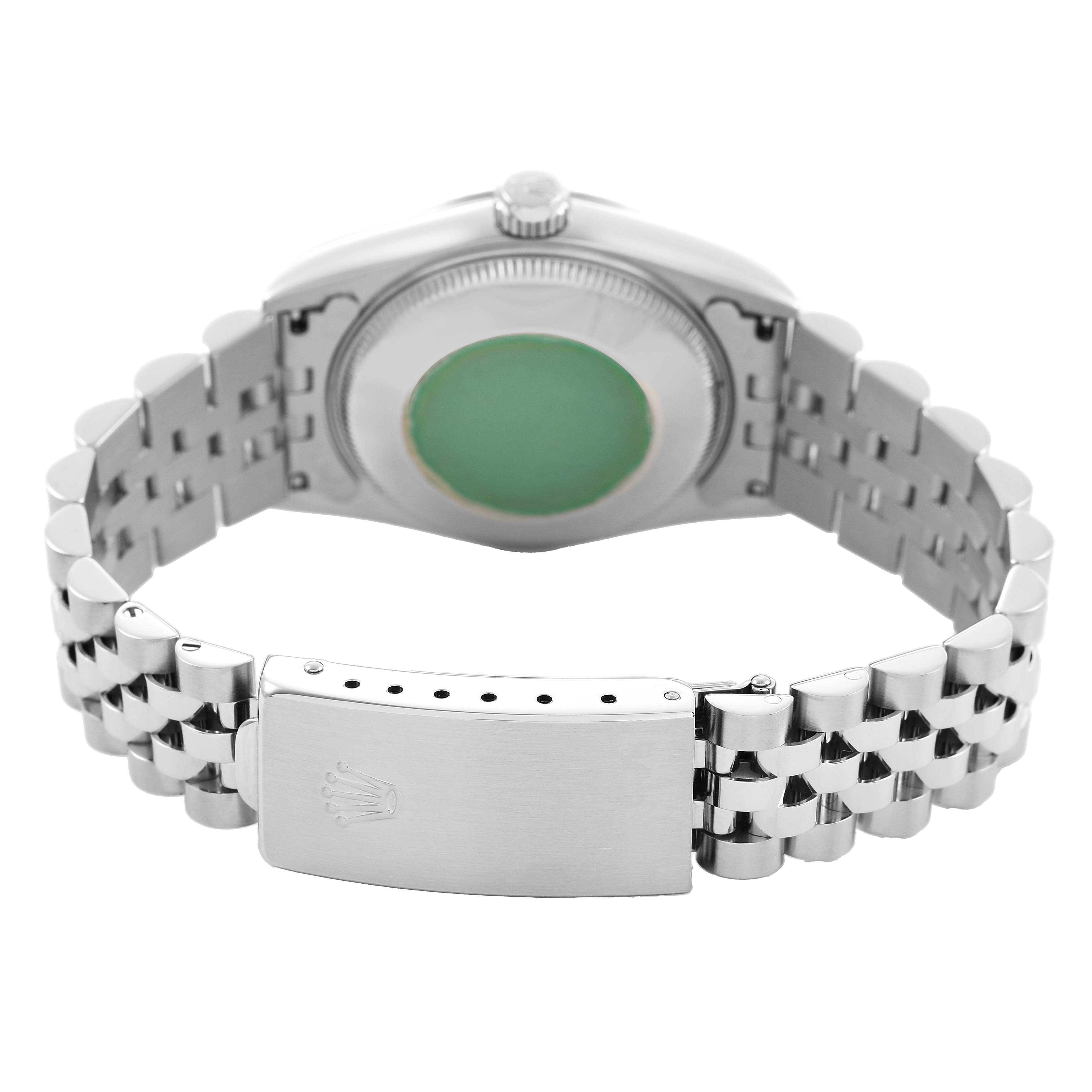 The Rolex Mid-Size 68274 Women's Stainless Steel Pink Dial watch is shown from the back, highlighting the case back, bracelet, and clasp.