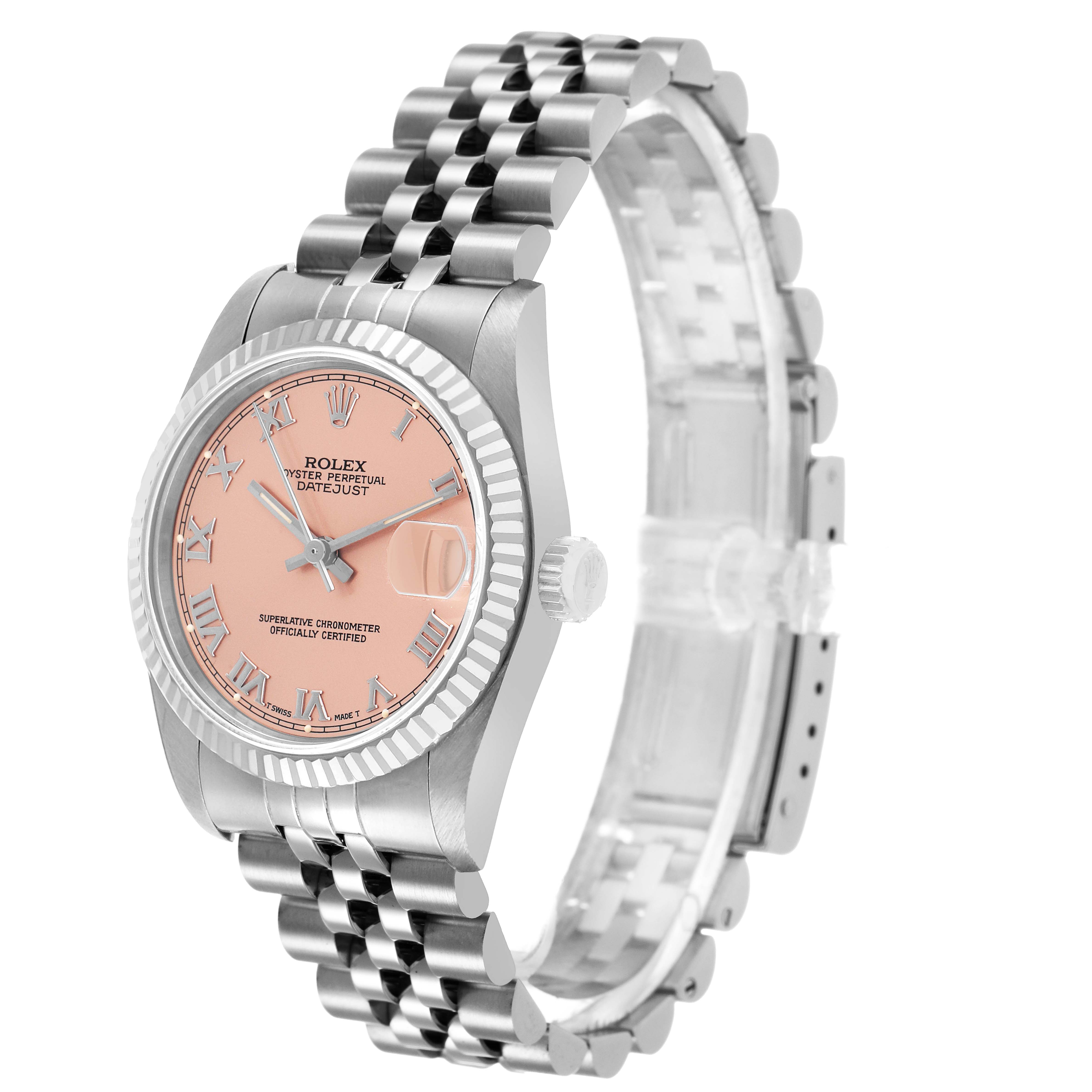The Rolex Mid-Size 68274 Women's Stainless Steel Pink Dial watch is shown at a slight side angle, highlighting its pink dial, fluted bezel, and Jubilee bracelet.