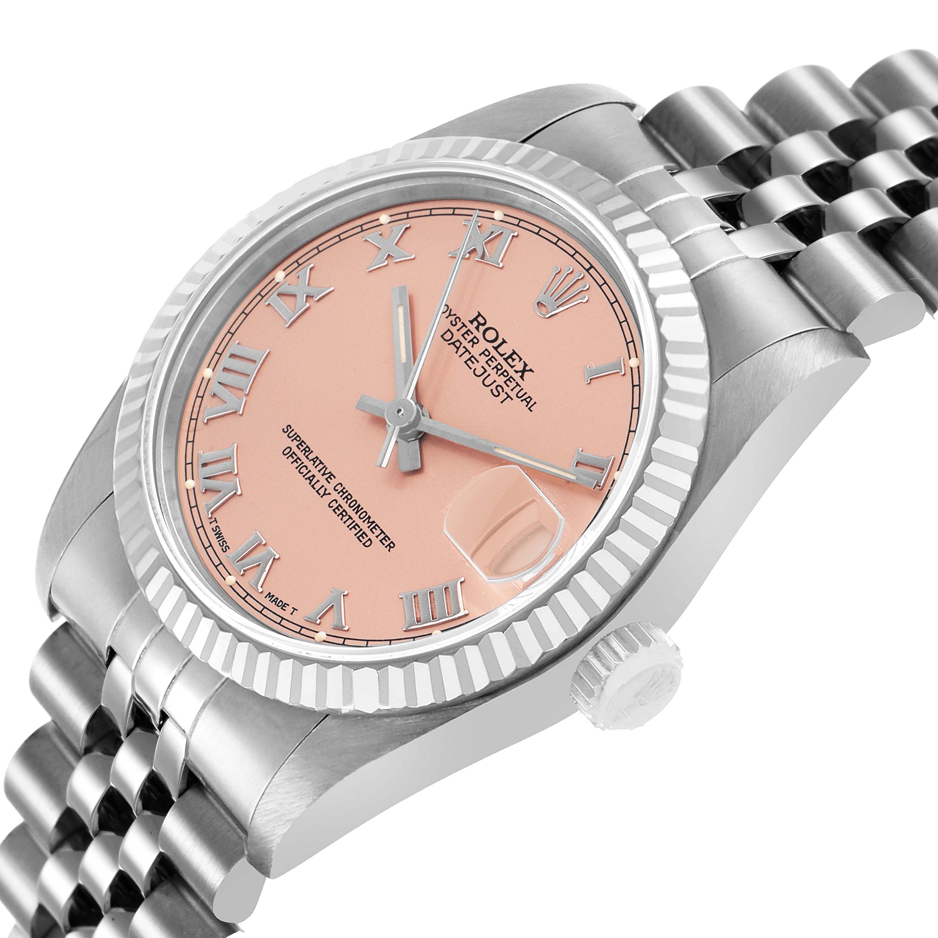 The Rolex Mid-Size 68274 Women's Stainless Steel Pink Dial watch is shown at a three-quarter angle, highlighting the dial, bezel, and bracelet.
