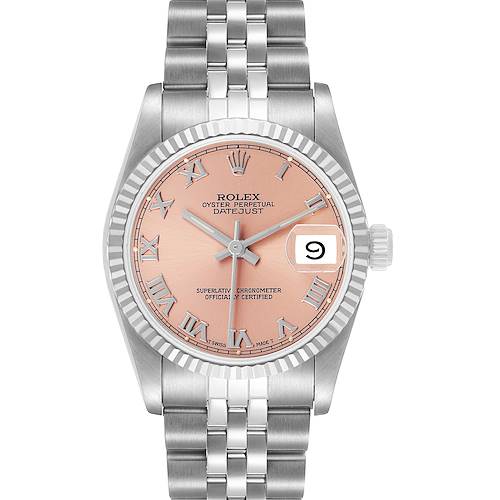 The Rolex Datejust Mid-Size watch is shown from a front angle, highlighting its dial, bezel, and bracelet.