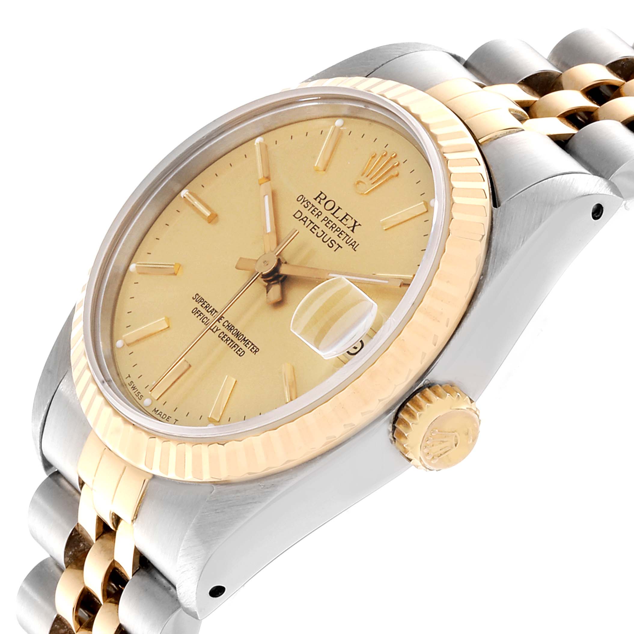 This image shows a Rolex Datejust Mid-Size watch at an angle highlighting its face, crown, and bracelet.