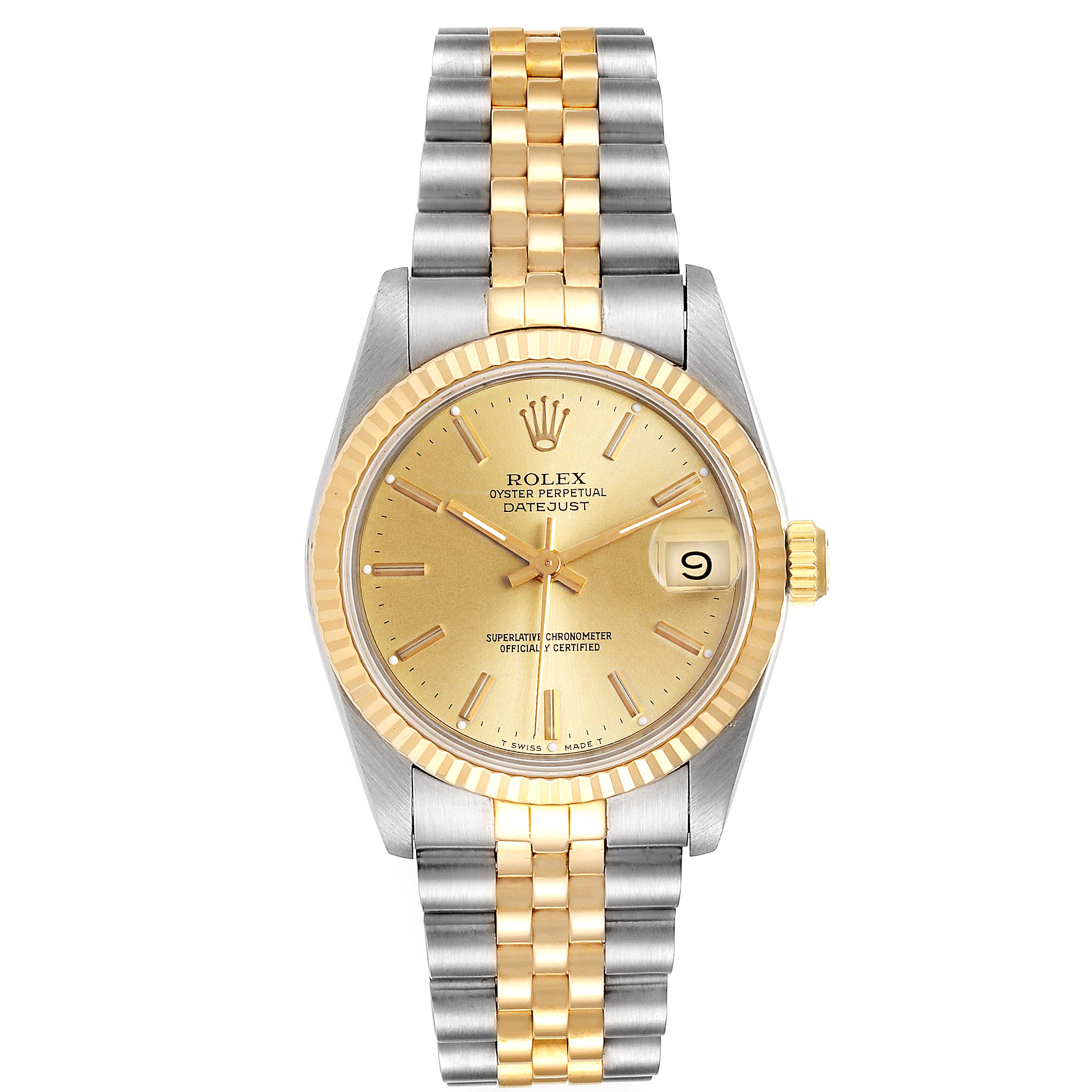 The image shows a front view of a Mid-Size Rolex Datejust with gold and silver tone and a date display at 3 o
clock.
