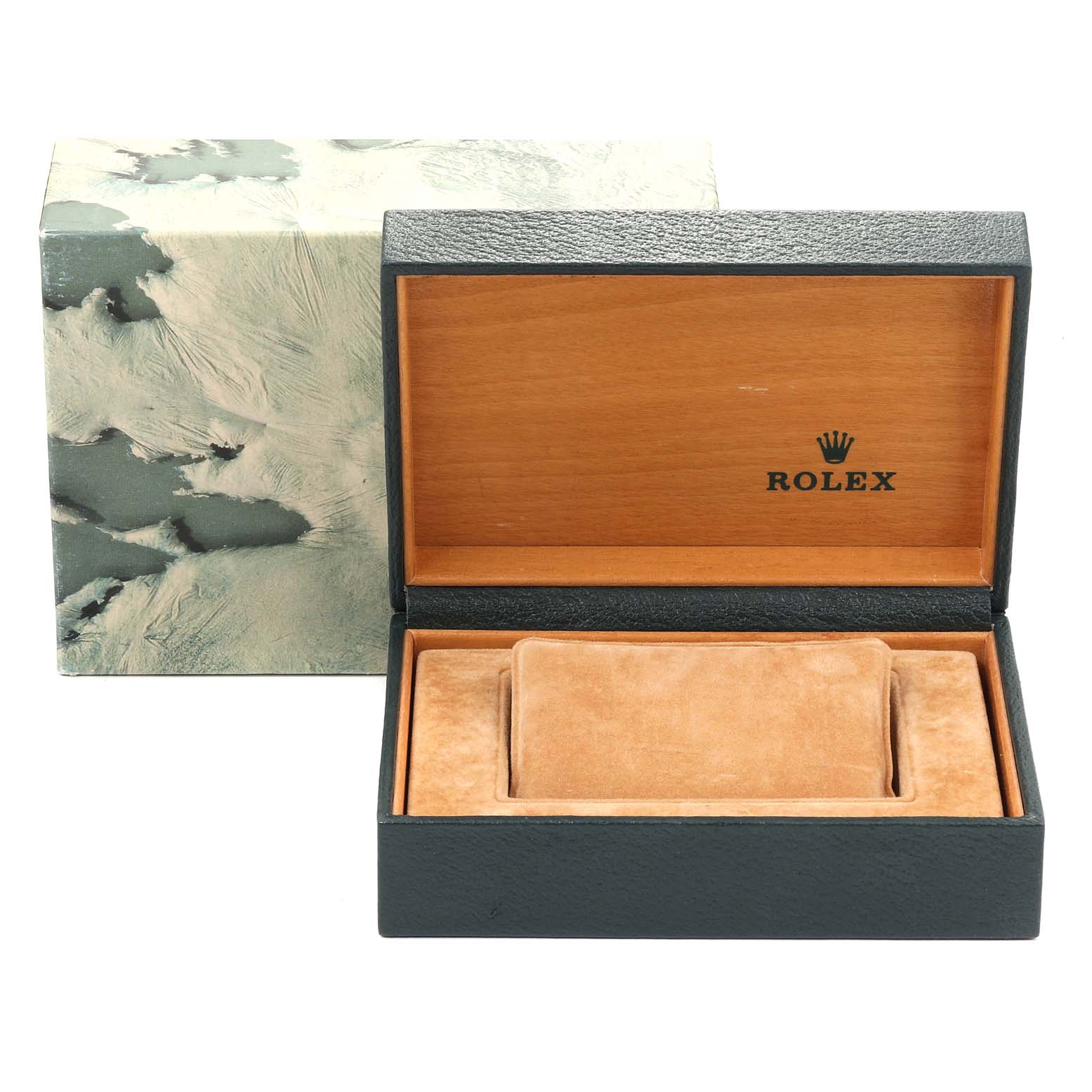 The image shows an open Rolex watch box with a green exterior and wooden interior, designed to hold a Mid-Size model Rolex watch.