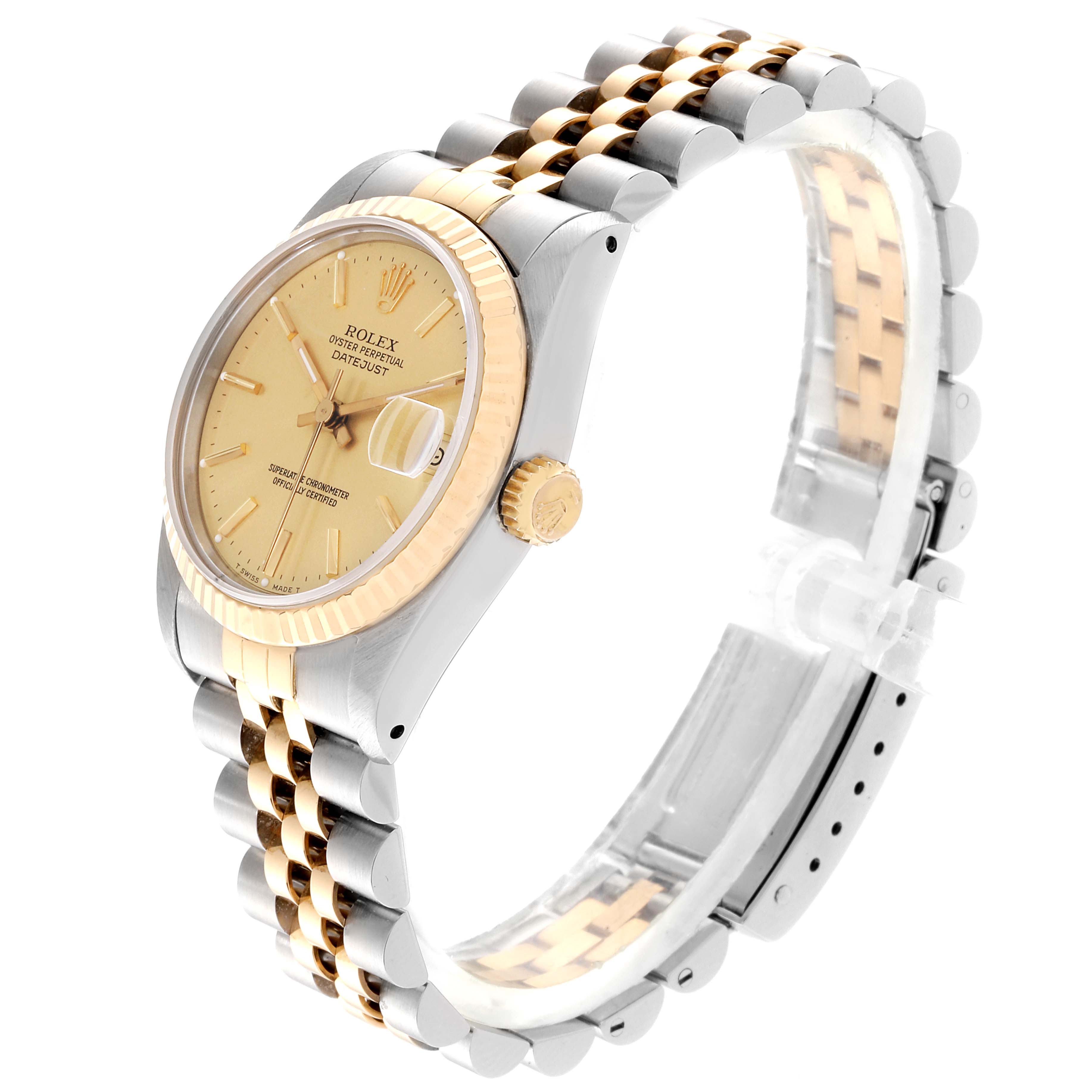 The image shows a Rolex Mid-Size 68273 Women
s Steel and Gold (two tone) Champagne Dial 68273 Women
s Steel and Gold (two tone) Champagne Dial Oyster Perpetual Datejust watch at a three-quarter angle, highlighting its gold and silver finish and jubilee bracelet.